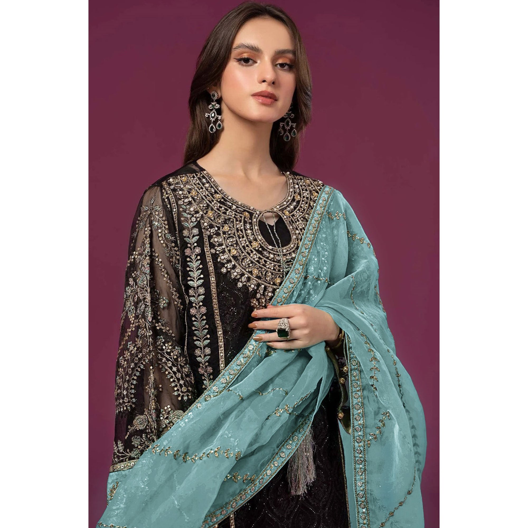 Black & Sky Blue Embroidered Georgette Semi Stitched Pakistani Suit