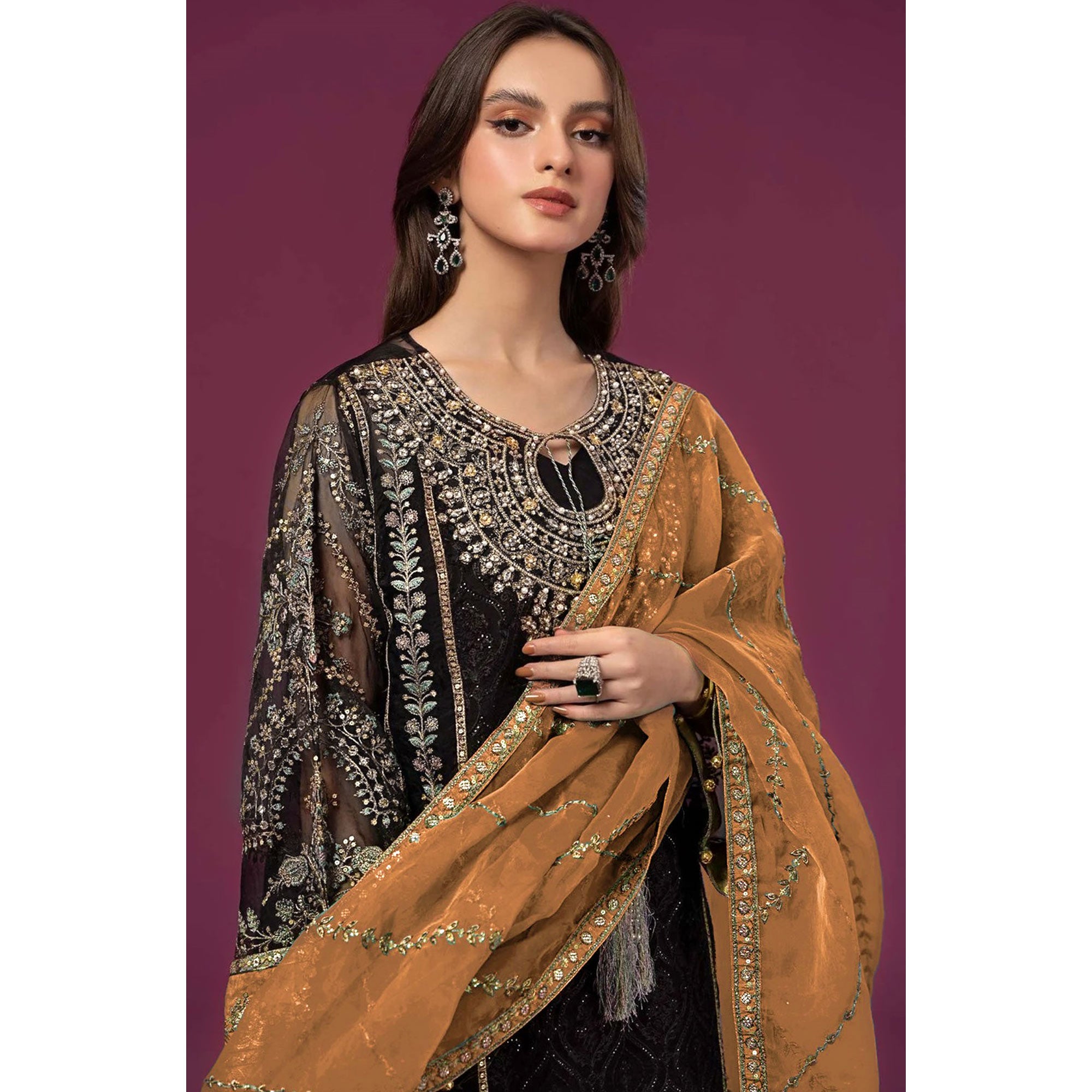 Black & Brown Embroidered Georgette Semi Stitched Pakistani Suit