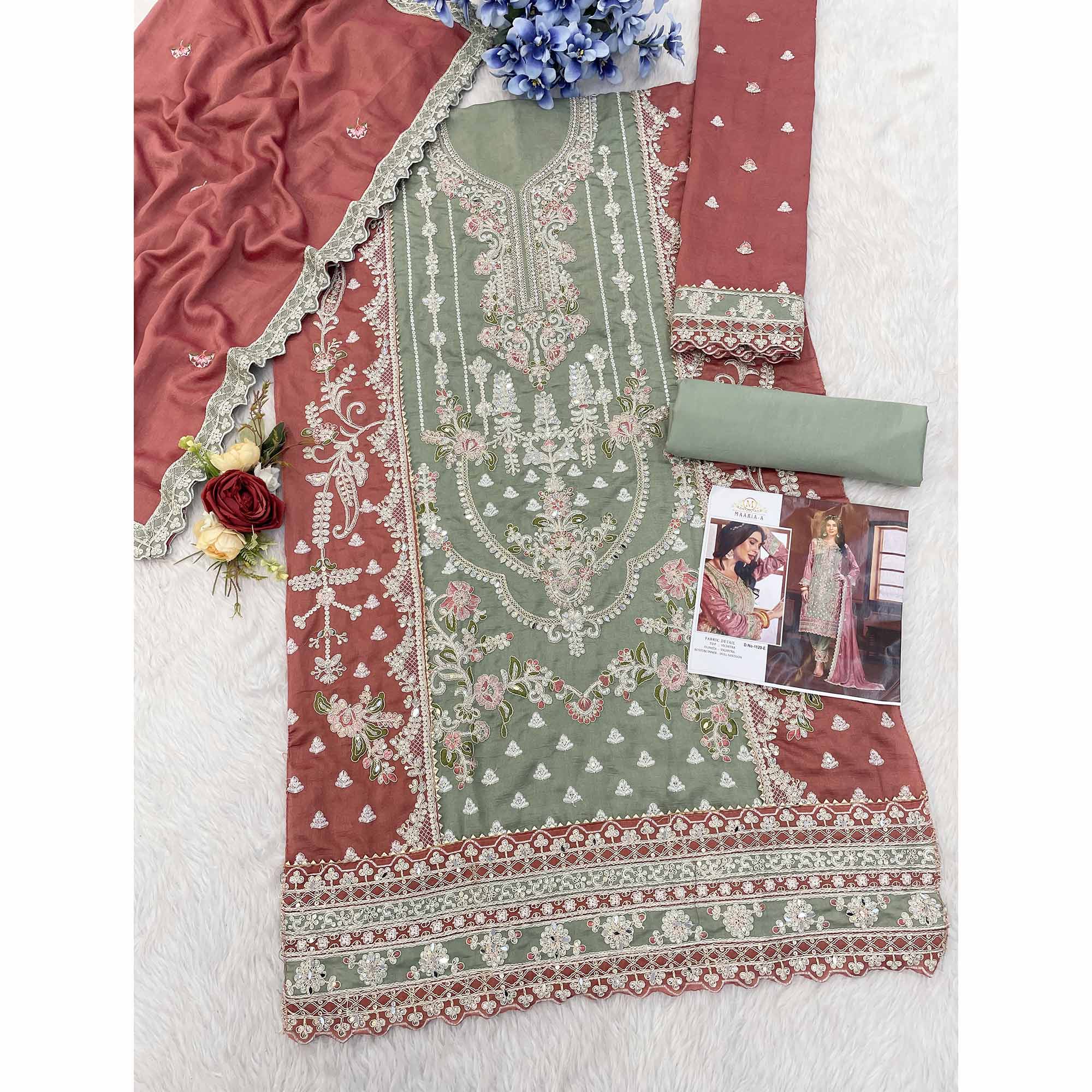 Green & Copper Rust Floral Sequins Embroidery Vichitra Silk Semi Stitched Pakistani Suit