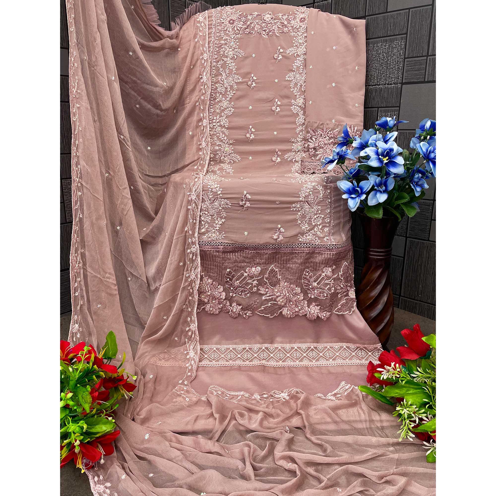 Dusty Peach Floral Embroidery Georgette Semi Stitched Pakistani Suit