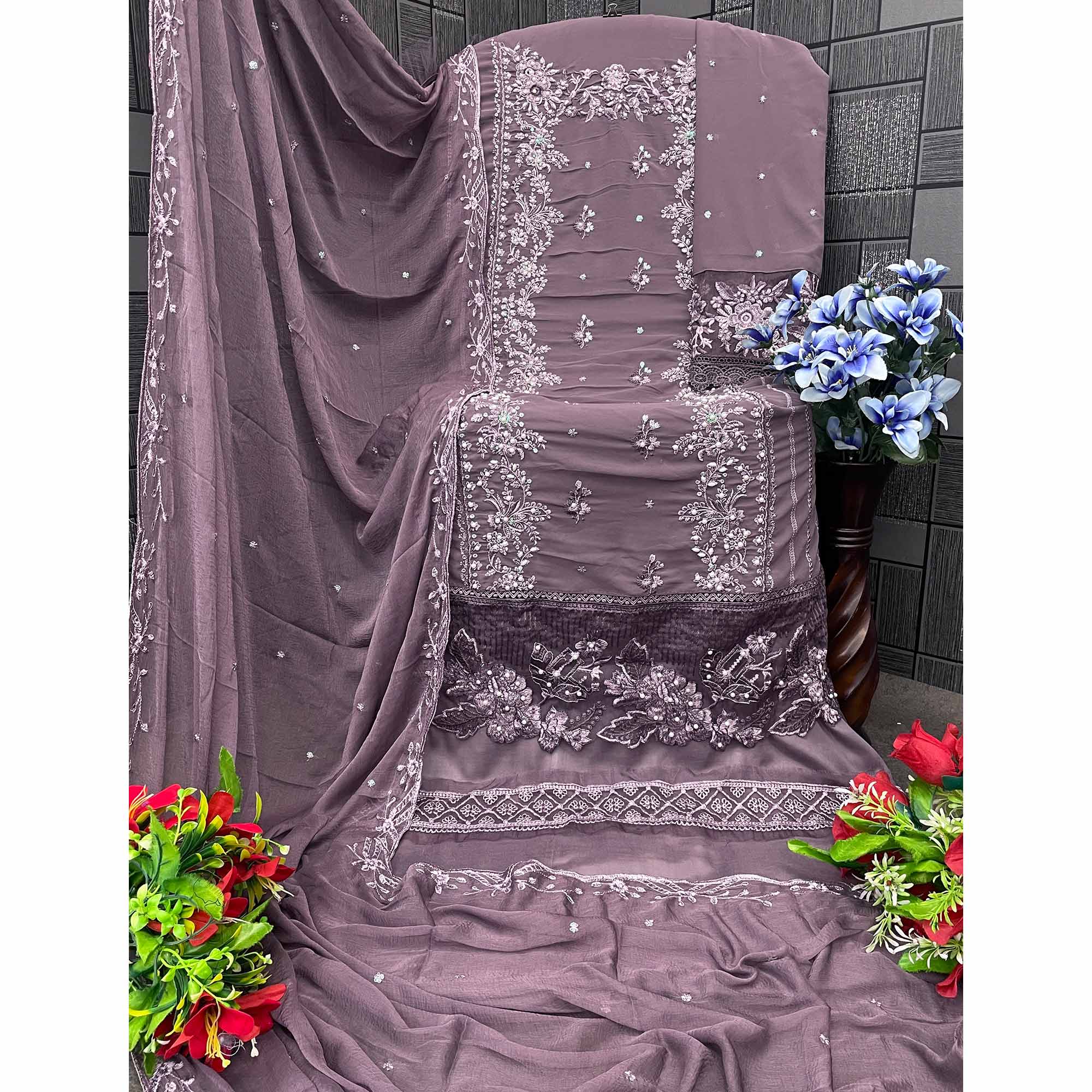 Purple Floral Embroidery Georgette Semi Stitched Pakistani Suit