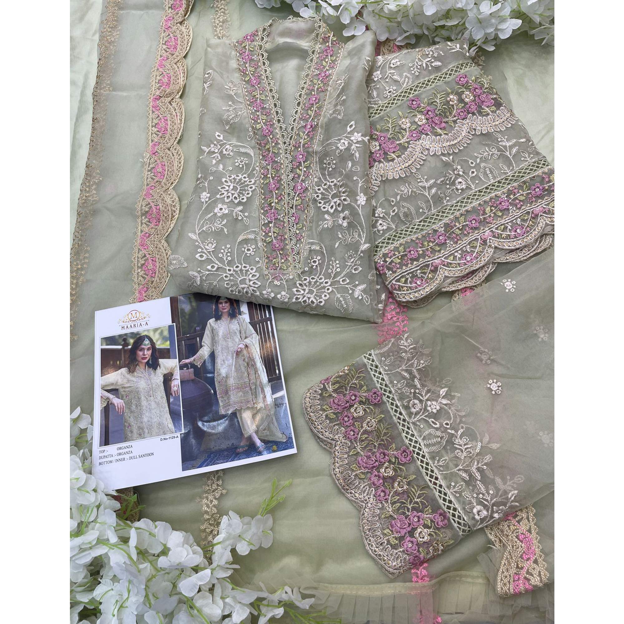 Pista Green Floral Sequins Embroidery Organza Semi Stitched Pakistani Suit
