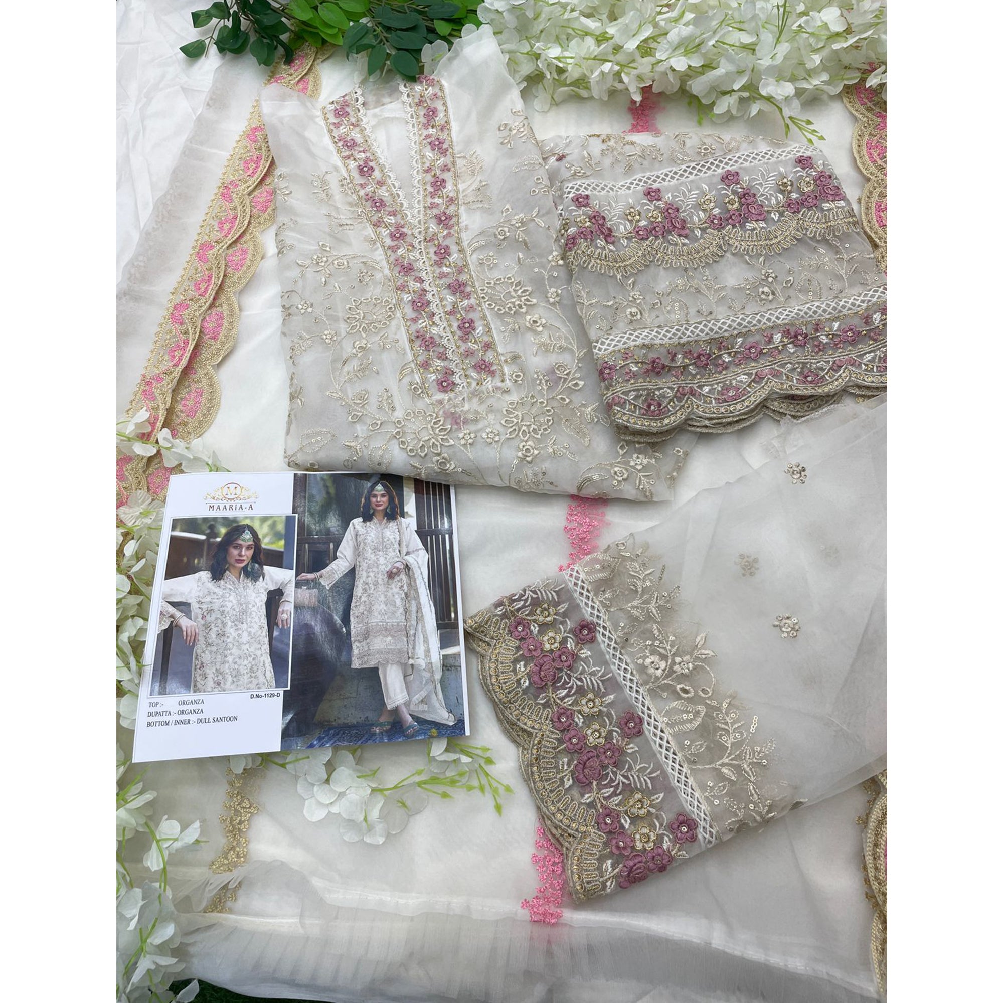 Cream Floral Sequins Embroidery Organza Semi Stitched Pakistani Suit