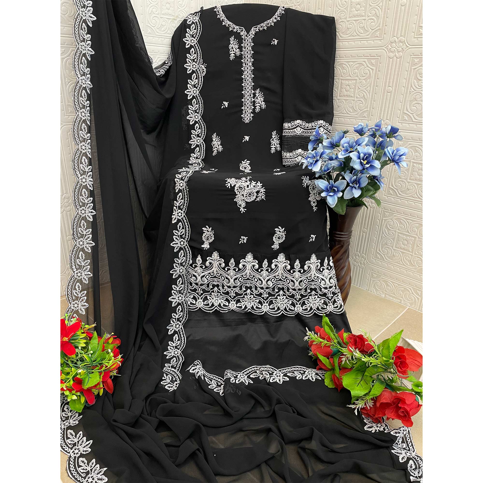 Black Floral Embroidery Georgette Semi Stitched Pakistani Suit