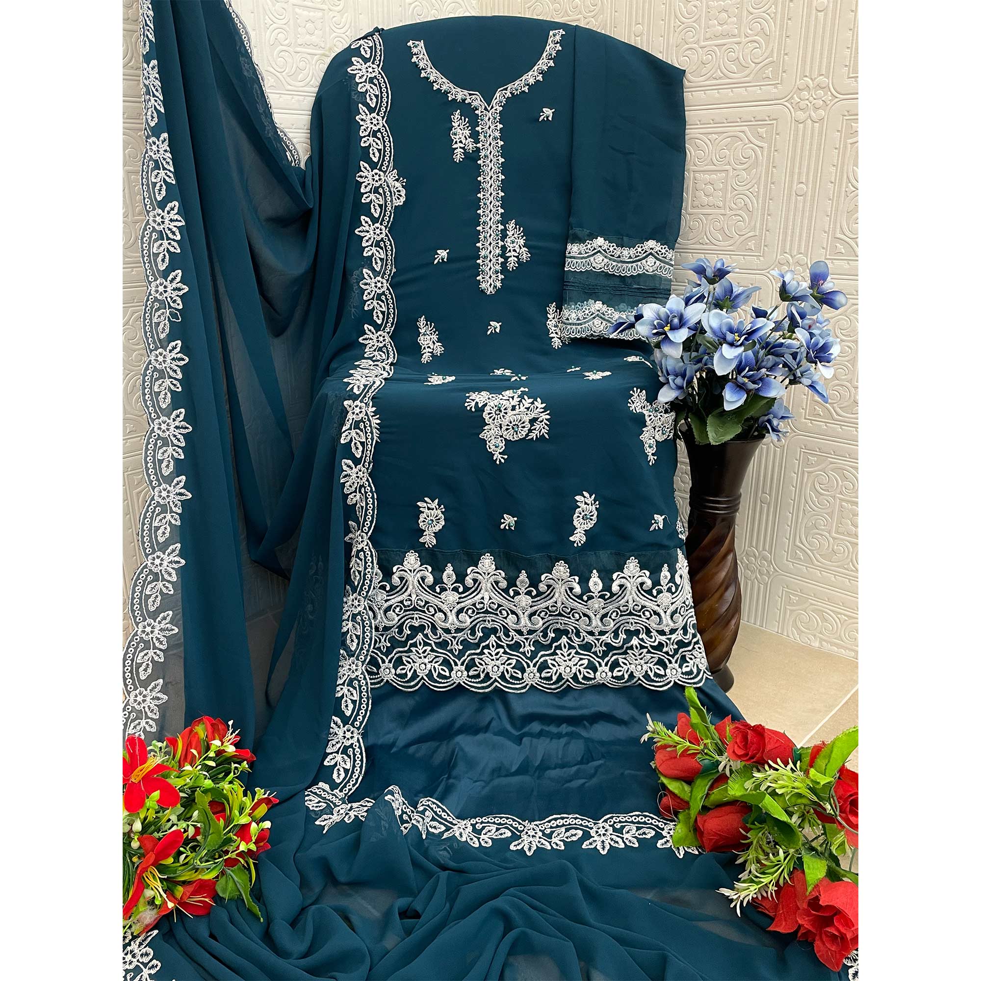 Morpich Blue Floral Embroidery Georgette Semi Stitched Pakistani Suit