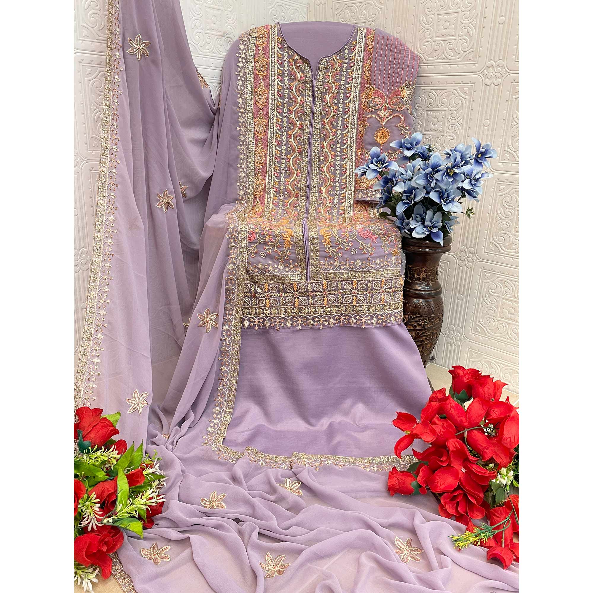 Lavender Floral Sequins Embroidery Georgette Semi Stitched Pakistani Suit