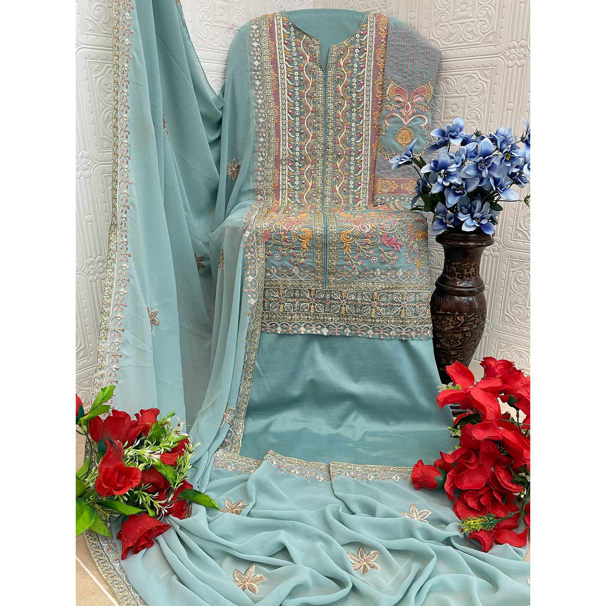 Blue Floral Sequins Embroidery Georgette Semi Stitched Pakistani Suit