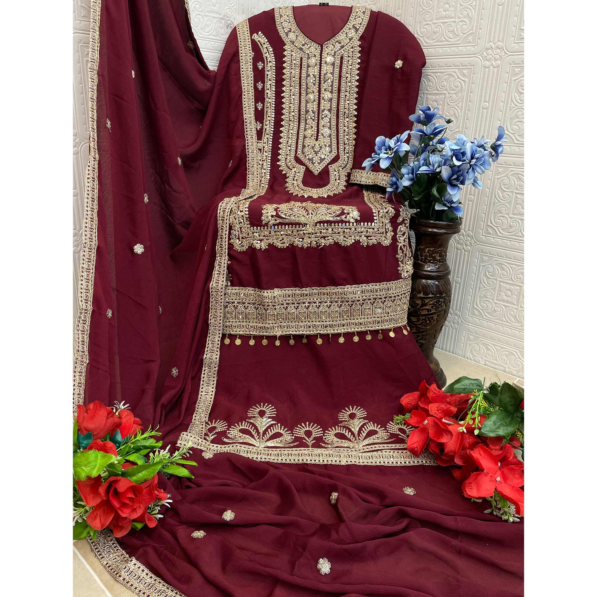 Maroon Floral Sequins Embroidered Chinon Semi Stitched Pakistani Suit