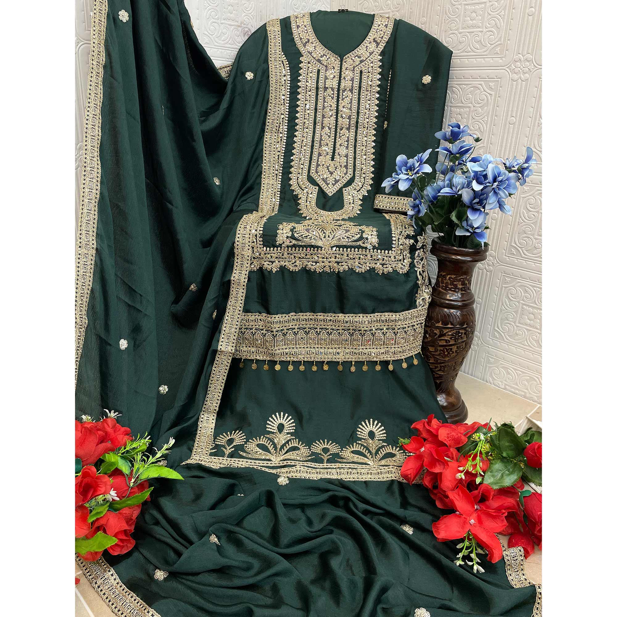 Green Floral Sequins Embroidered Chinon Semi Stitched Pakistani Suit