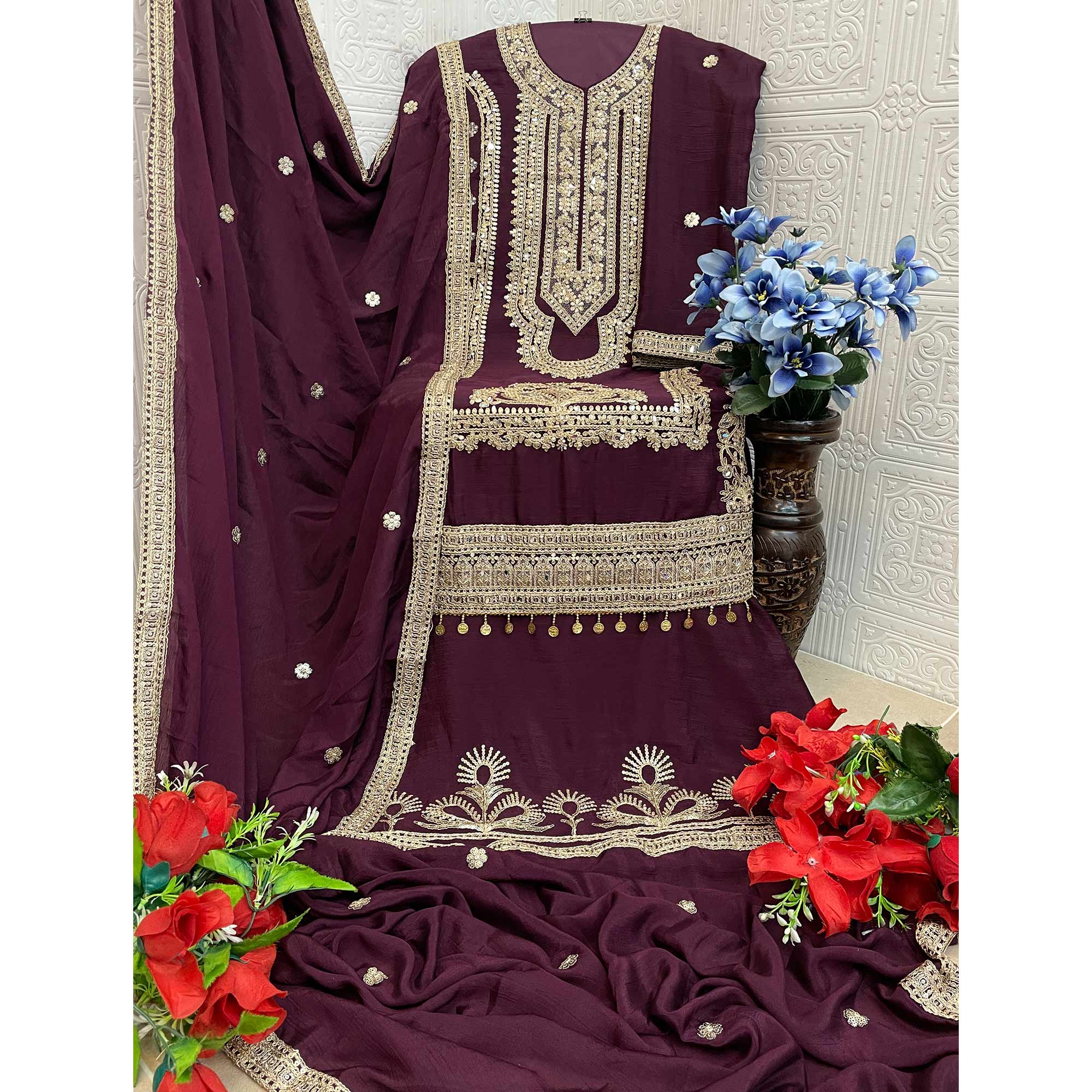 Wine Floral Sequins Embroidered Chinon Semi Stitched Pakistani Suit