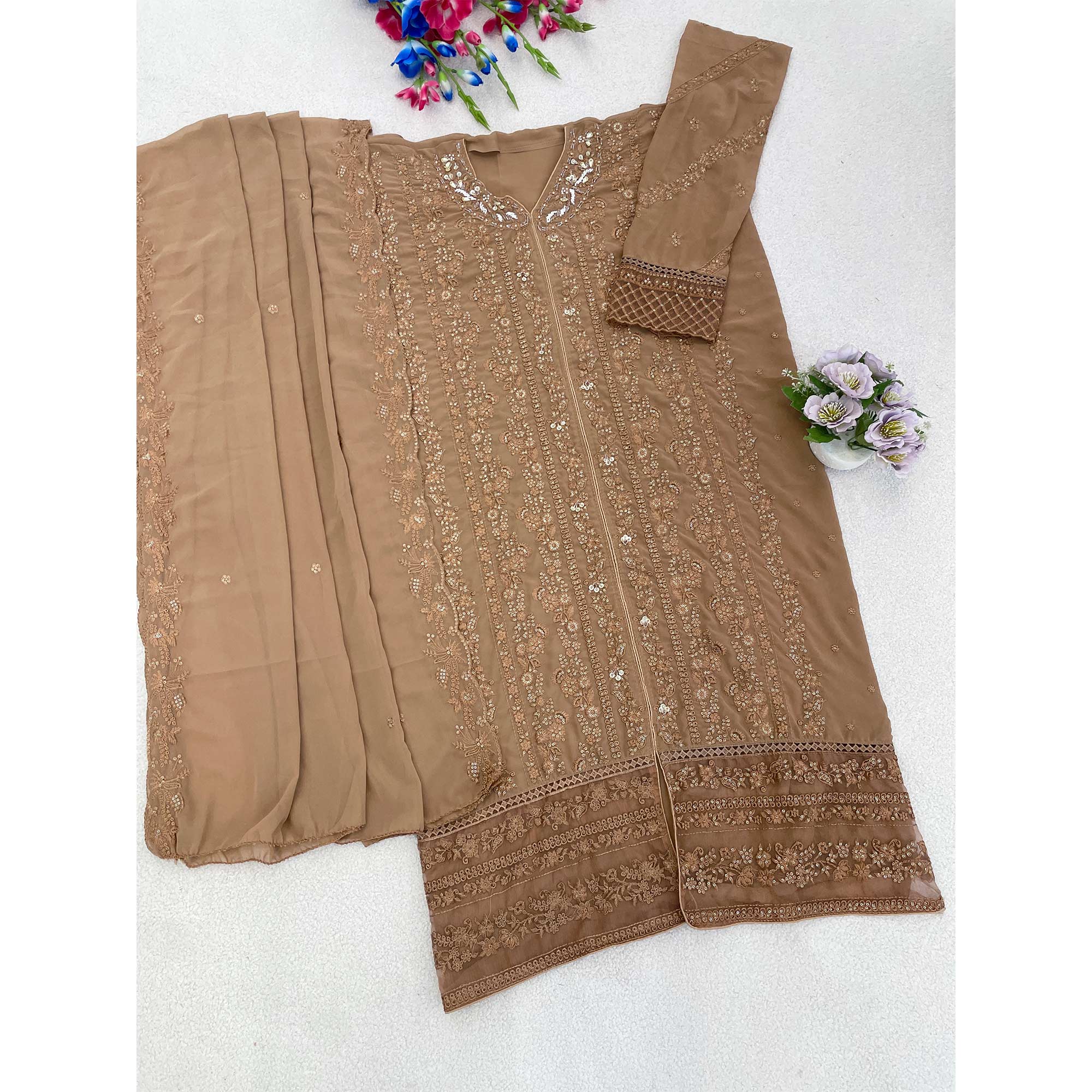 Beige Embroidered Georgette Semi-Stitched Pakistani Salwar Suit with Shimmering Sequins