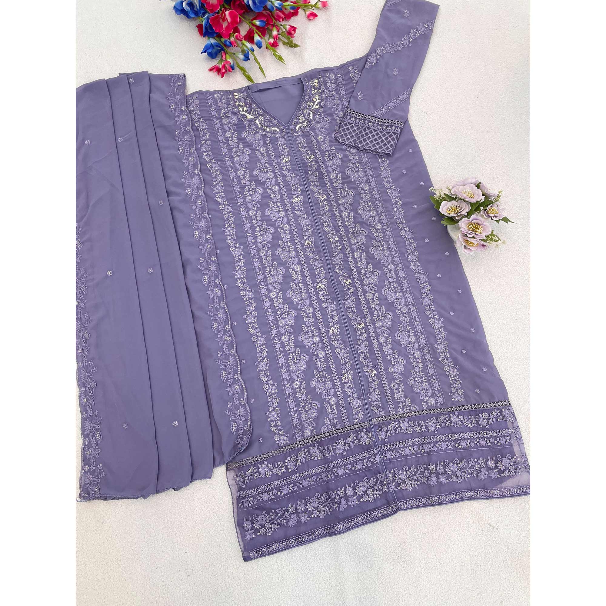 Lavender Embroidered Georgette Semi-Stitched Pakistani Salwar Suit with Shimmering Sequins