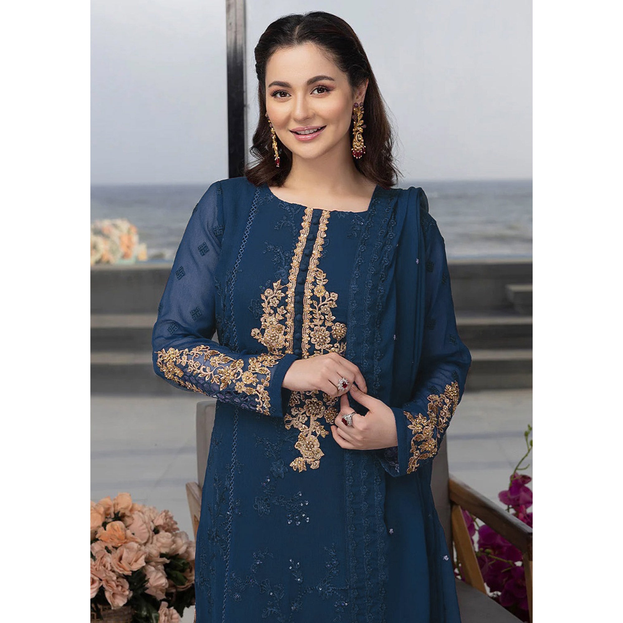 Blue Floral Embroidered Georgette Semi Stitched Pakistani Suit