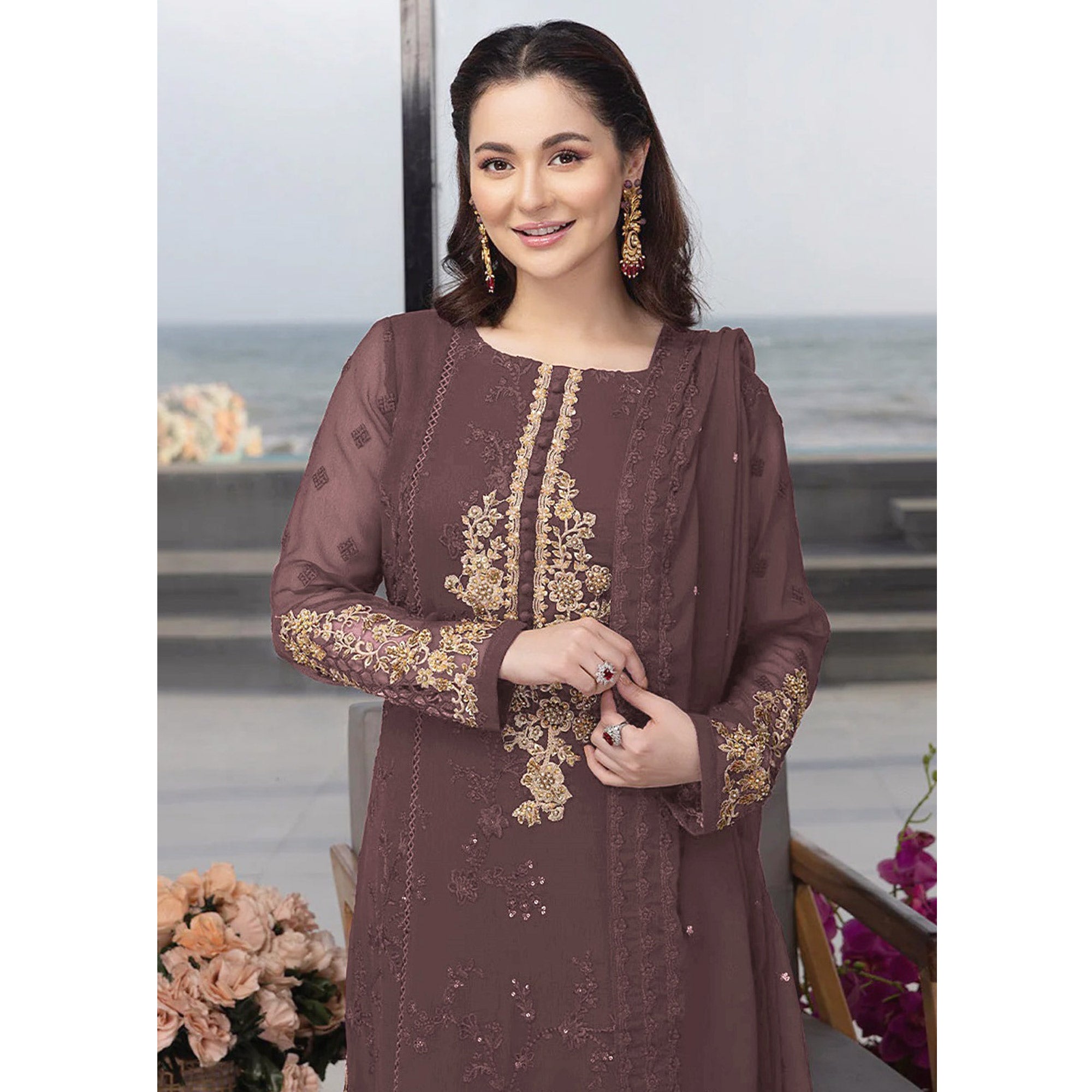 Mauve Floral Embroidered Georgette Semi Stitched Pakistani Suit