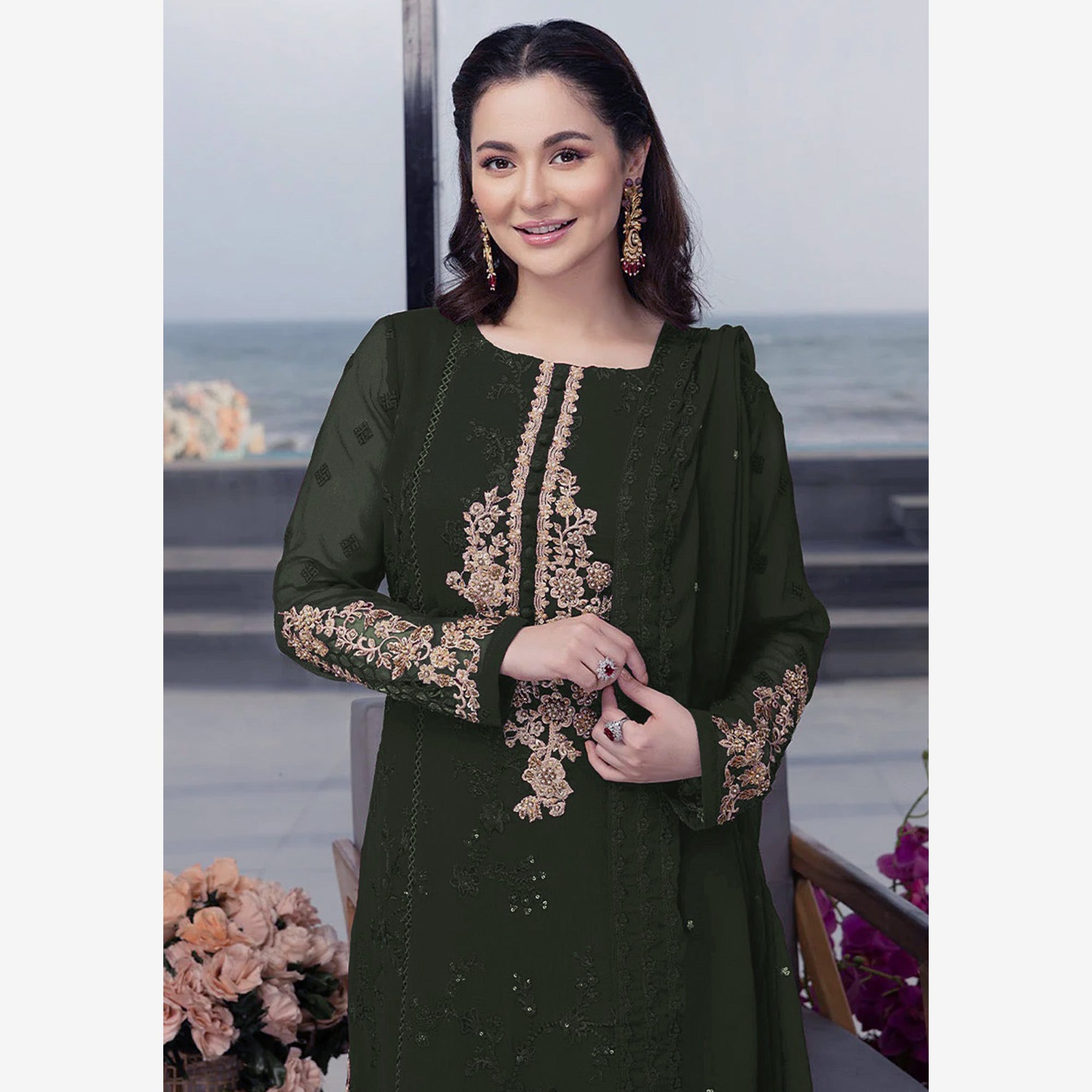Green Floral Embroidered Georgette Semi Stitched Pakistani Suit