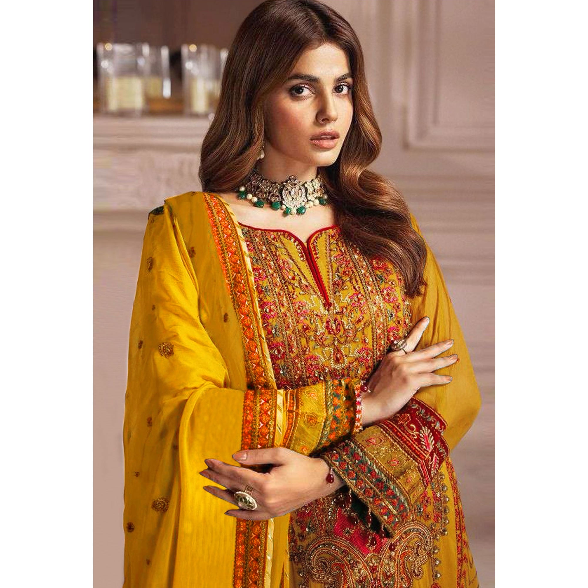 Mustard Embroidered Georgette Pakistani Dress Material