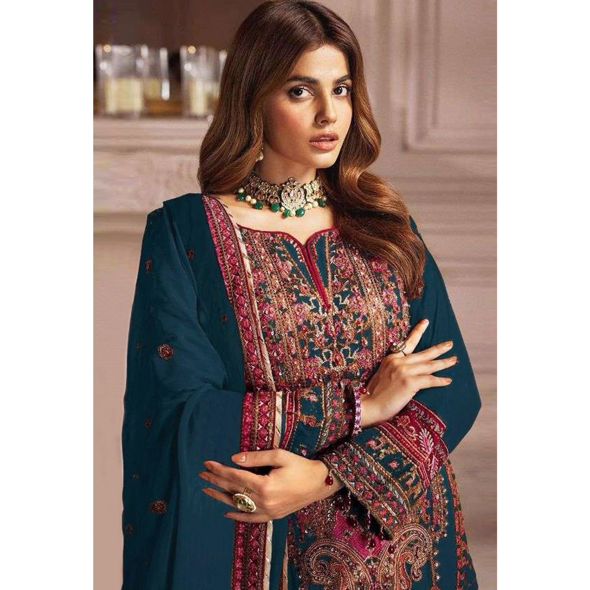 Teal Embroidered Georgette Pakistani Dress Material