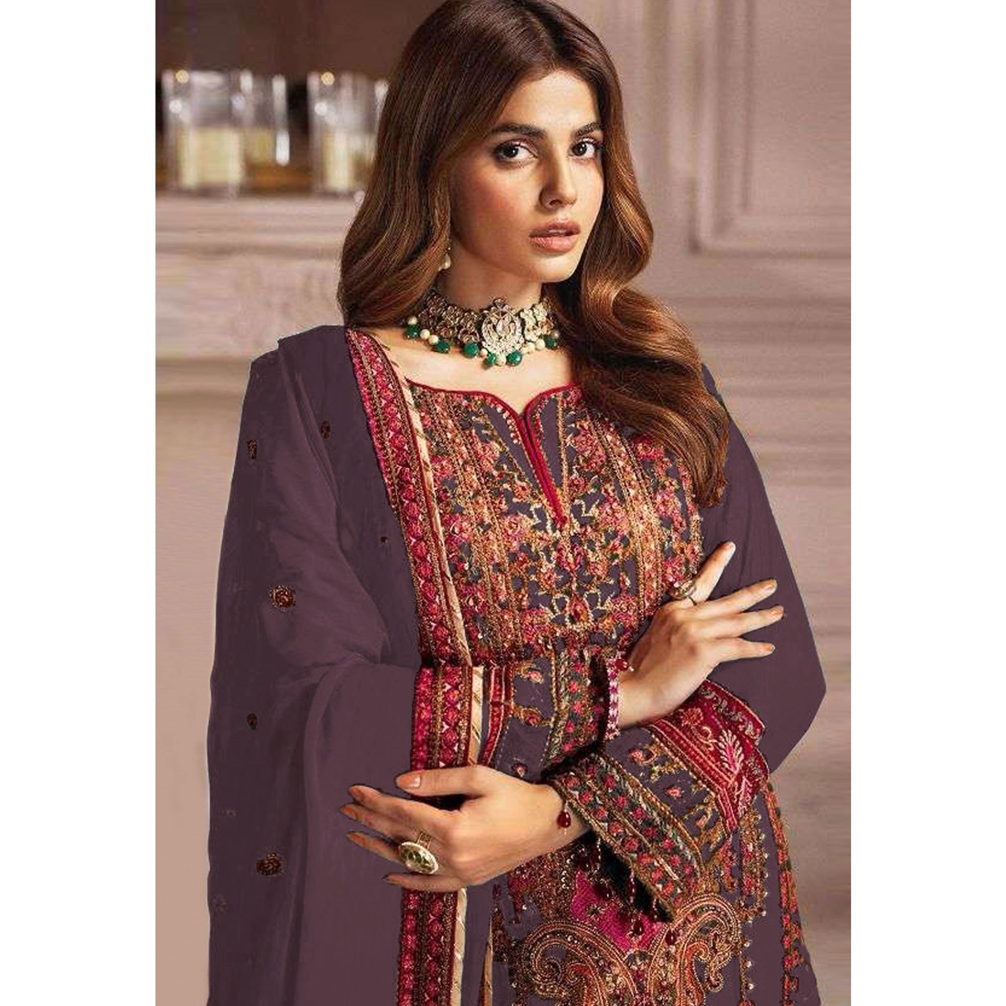 Dark Mauve Embroidered Georgette Pakistani Dress Material