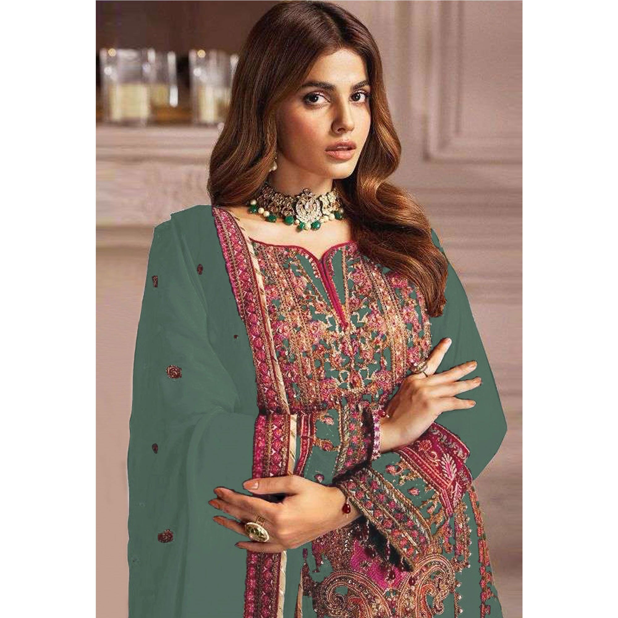 Dusty Green Embroidered Georgette Pakistani Dress Material