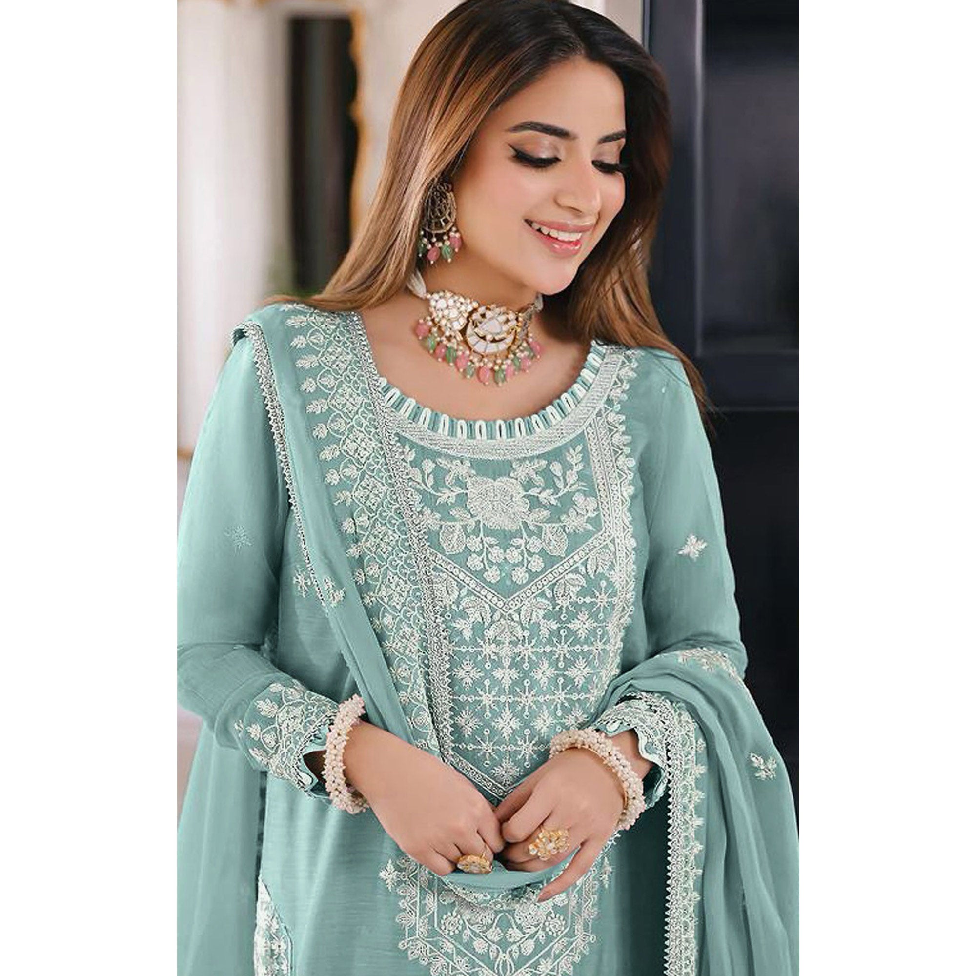 Sea Green Embroidered Organza Pakistani Semi Stitched Dress Material