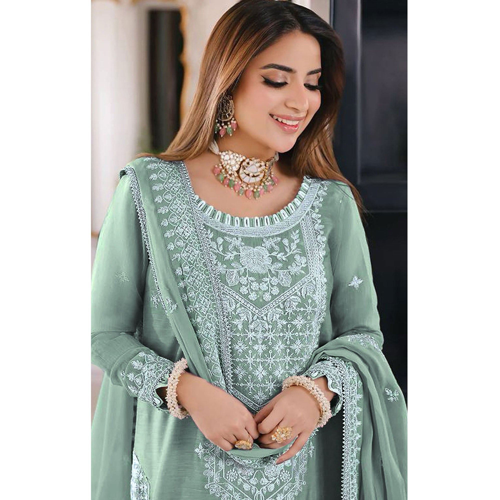 Green Embroidered Organza Pakistani Semi Stitched Dress Material