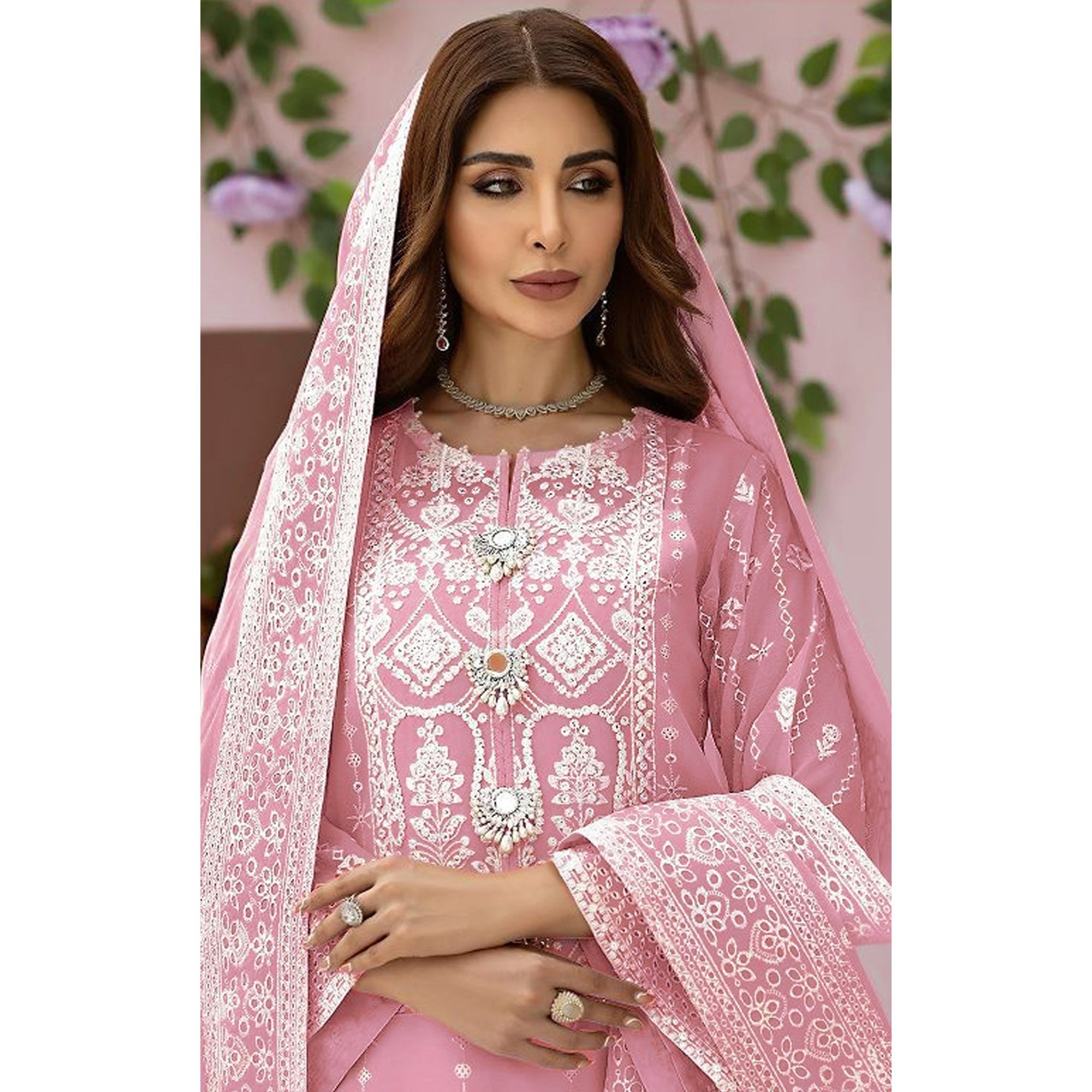 Light Pink Embroidered Organza Pakistani Semi Stitched Dress Material