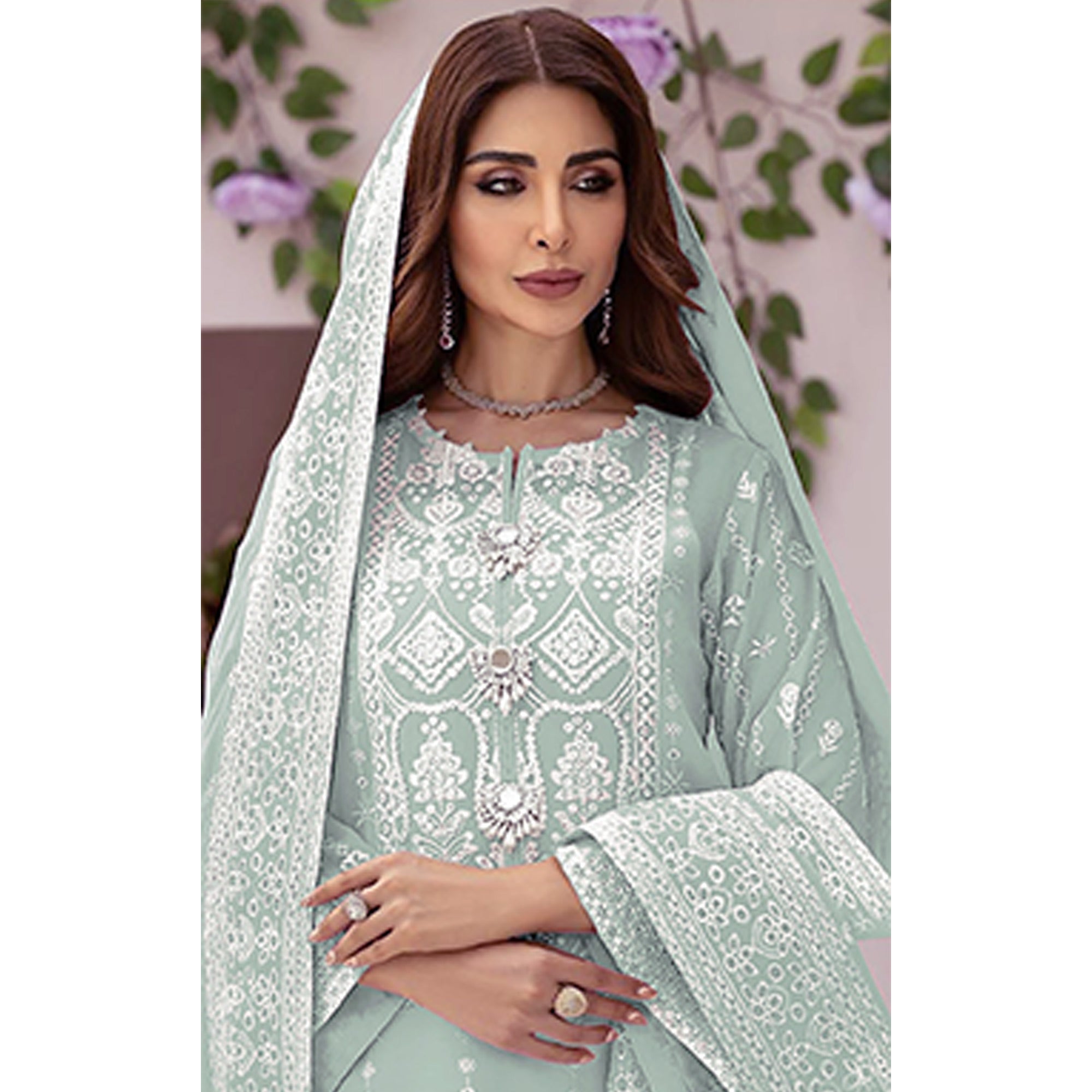 Sea Green Embroidered Organza Pakistani Semi Stitched Dress Material