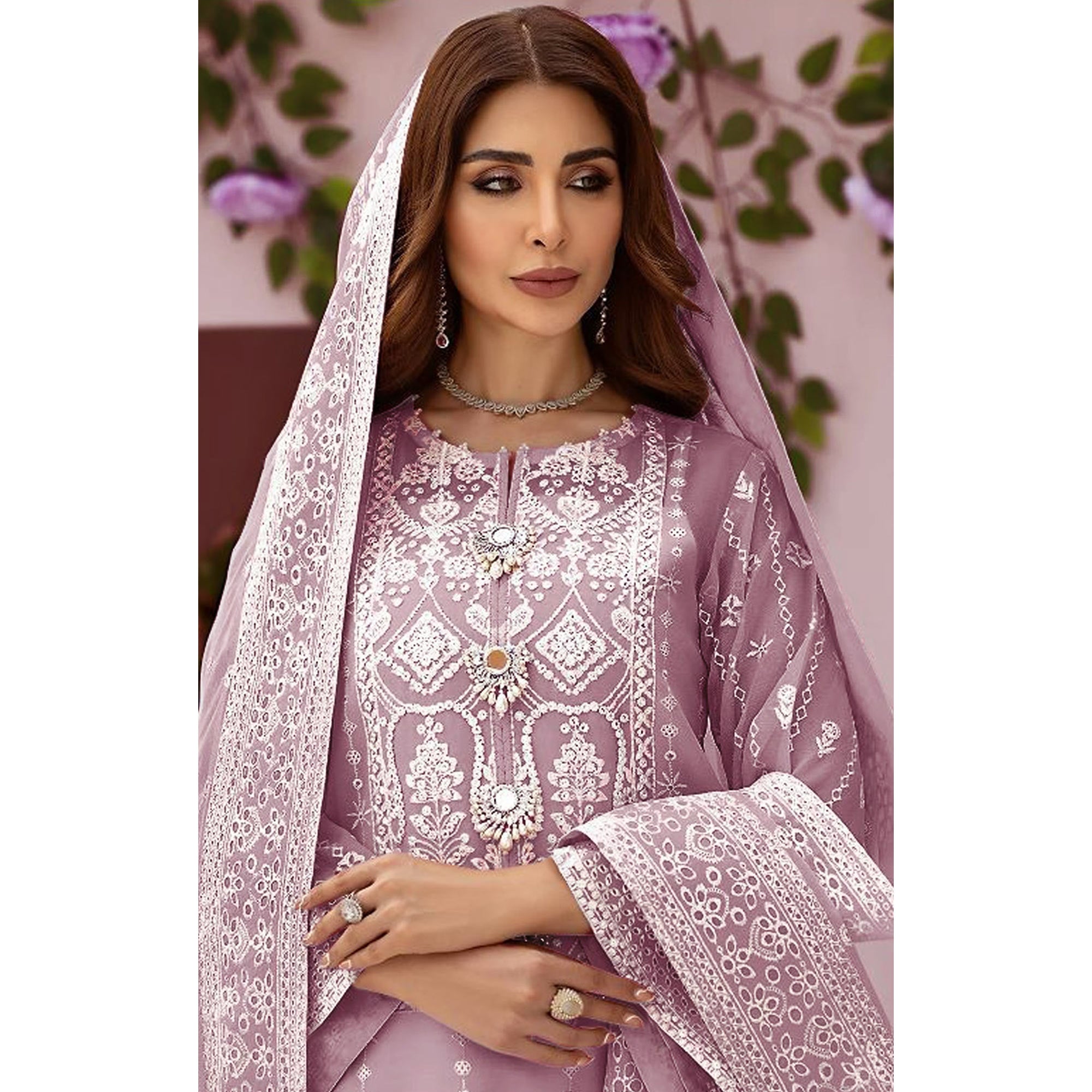 Light Purple Embroidered Organza Pakistani Semi Stitched Dress Material
