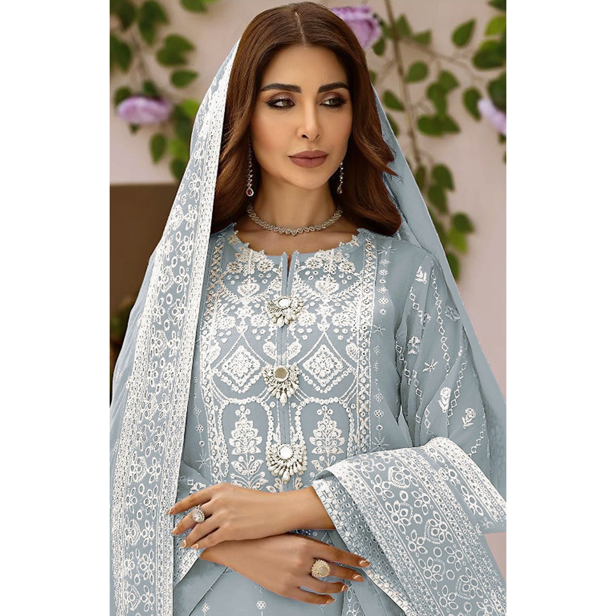 Sky Blue Embroidered Organza Pakistani Semi Stitched Dress Material