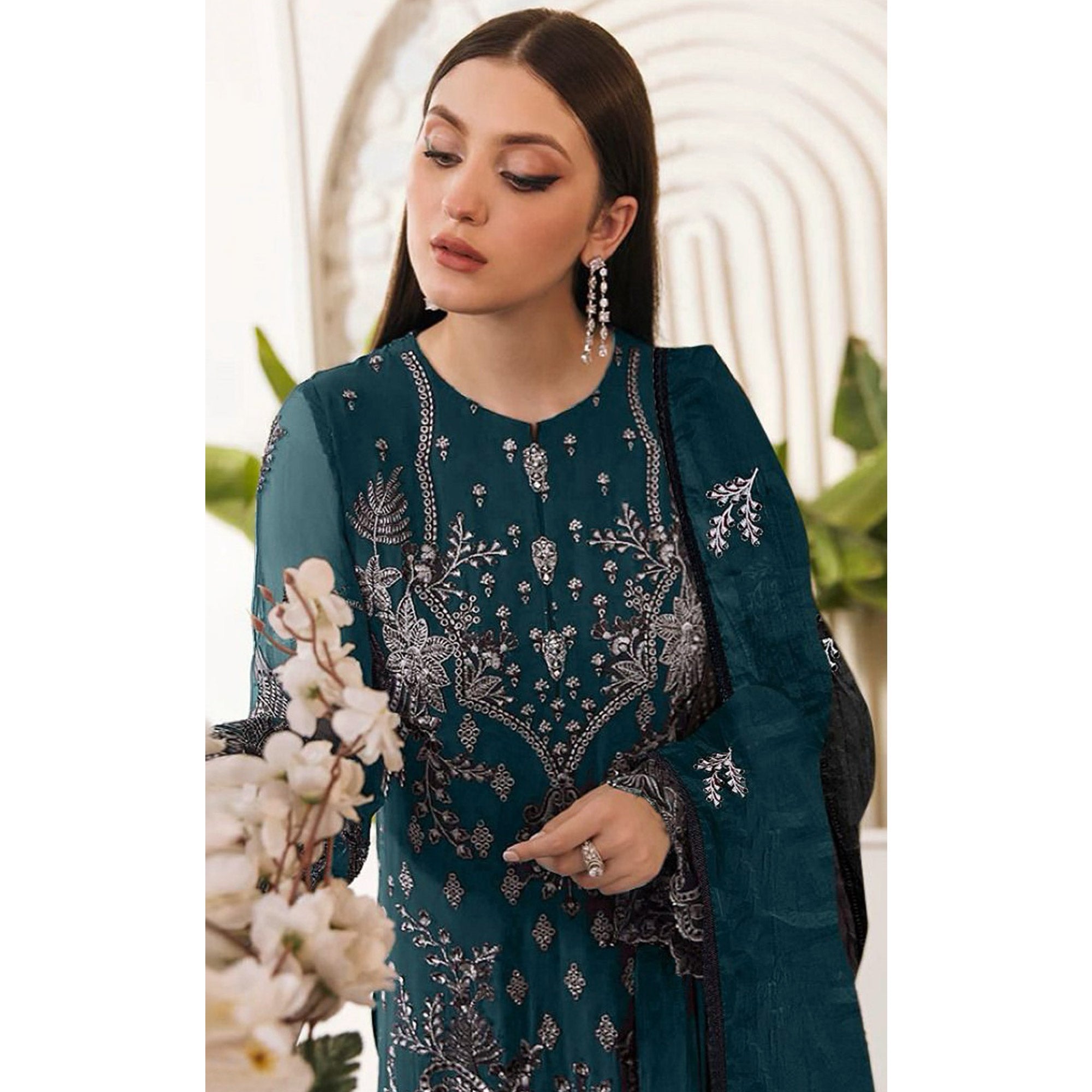 Teal Embroidered Georgette Pakistani Semi Stitched Dress Material