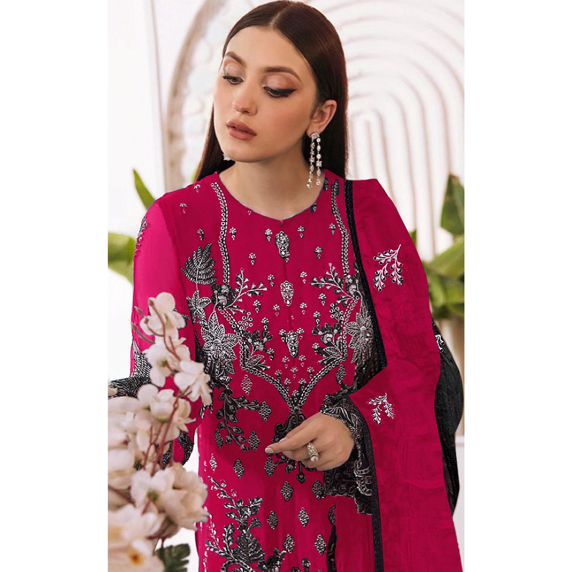 Magenta Embroidered Georgette Pakistani Semi Stitched Dress Material