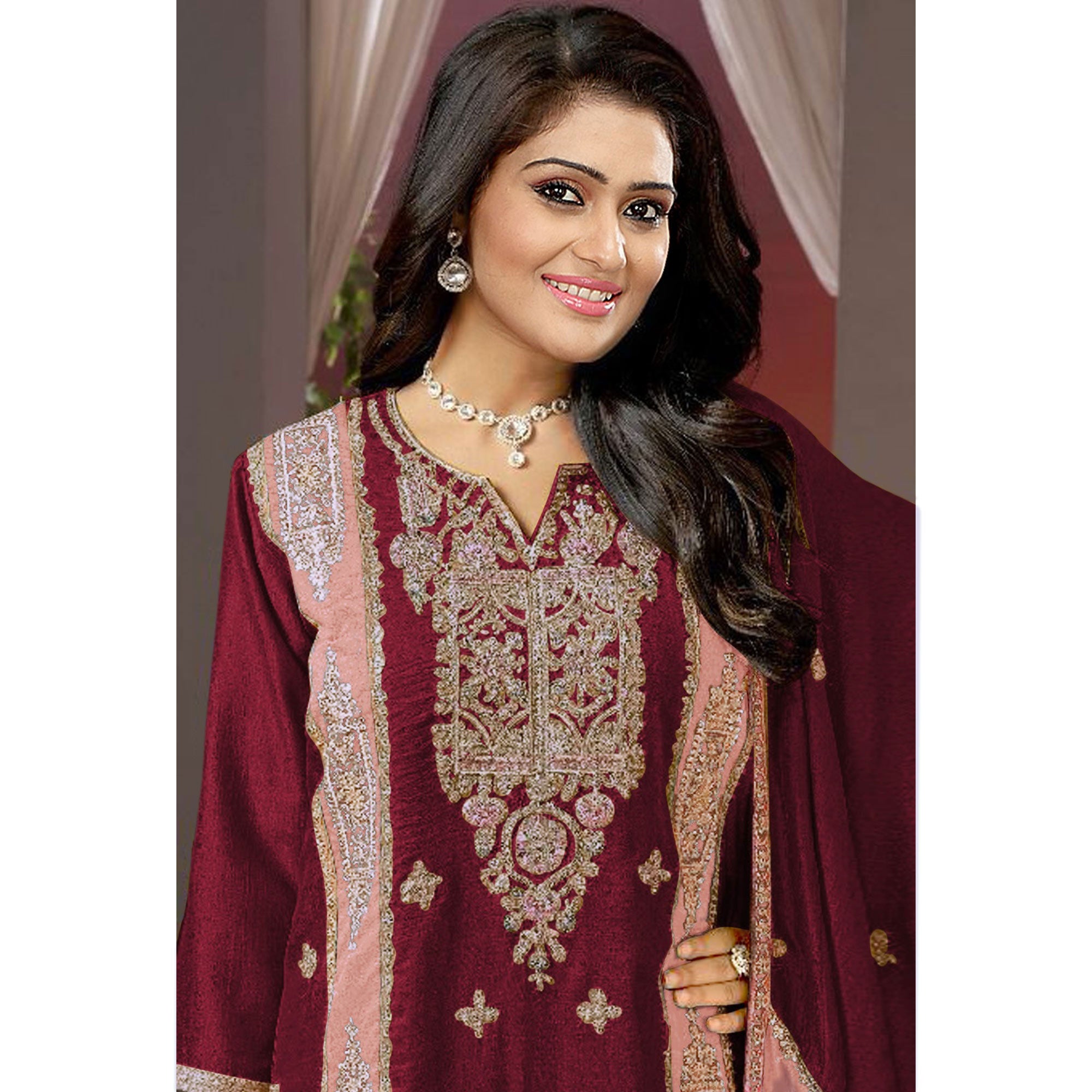 Maroon Floral Embroidered Vichitra Silk Semi Stitched Pakistani Suit