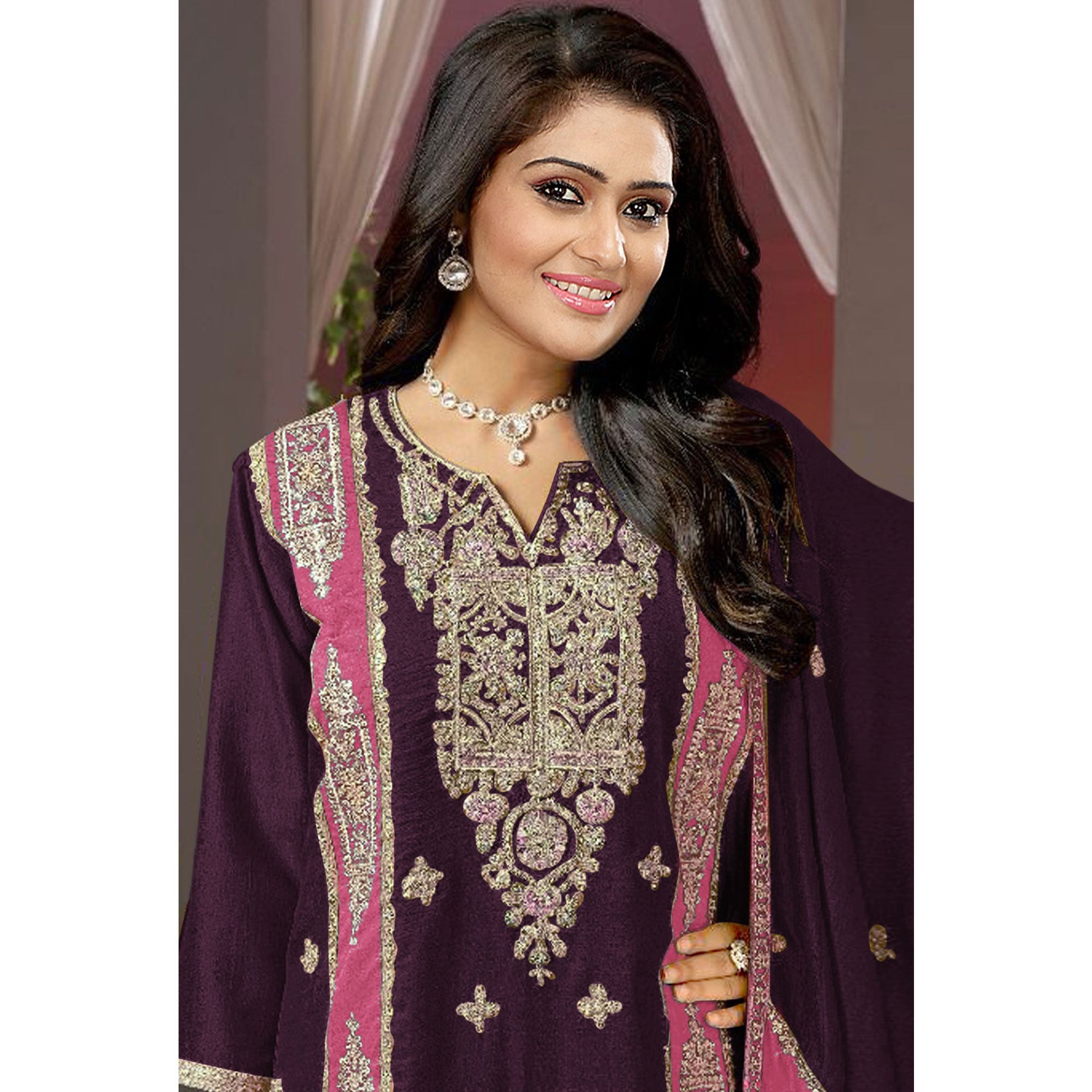 Wine Floral Embroidered Vichitra Silk Semi Stitched Pakistani Suit
