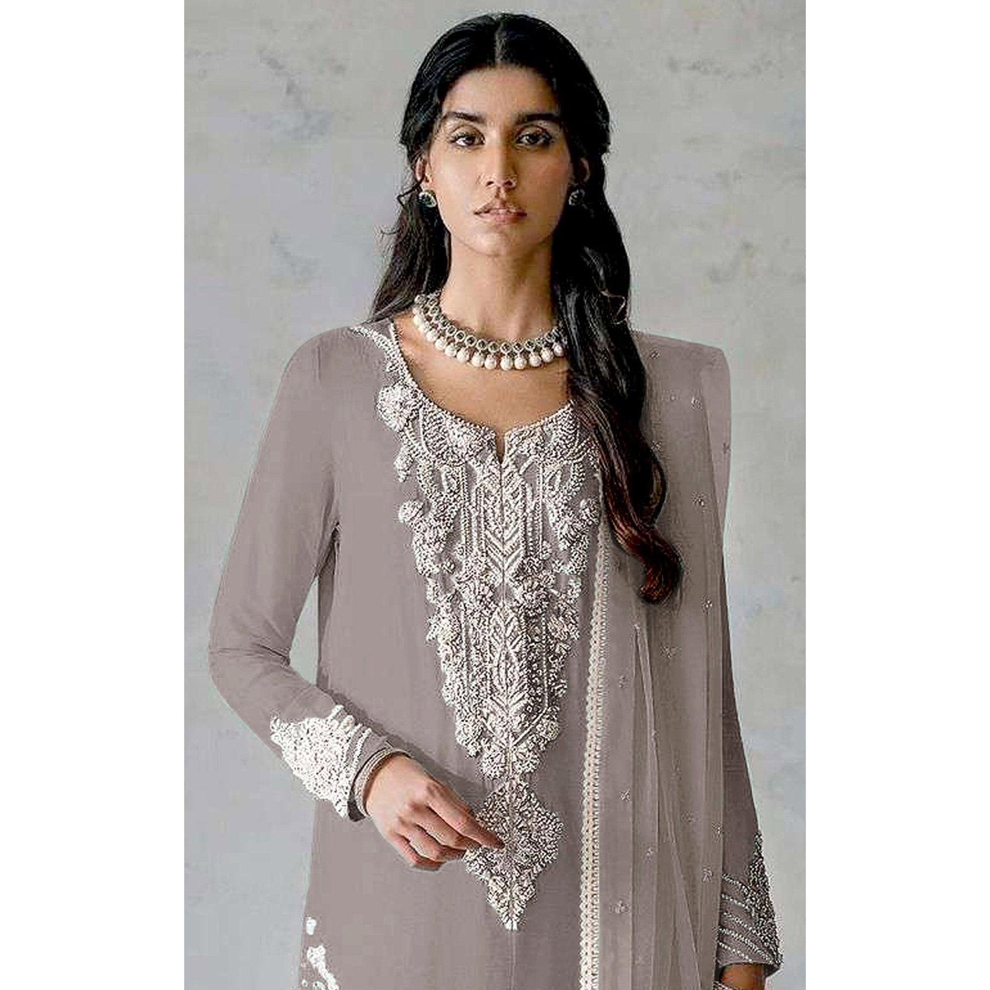 Light Grey Embroidered Georgette Pakistani Dress Material