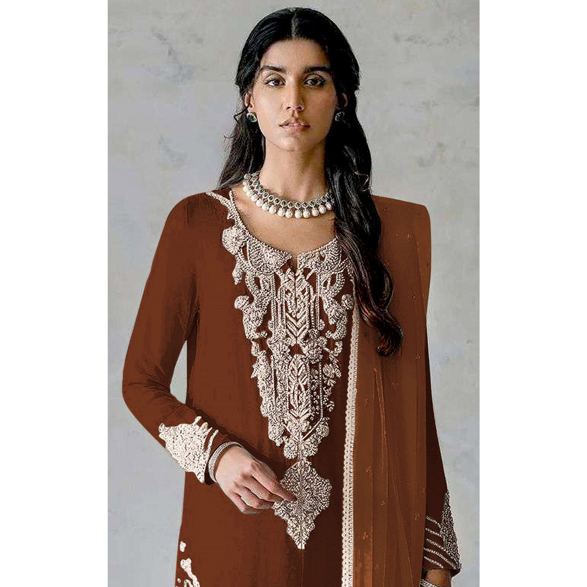 Brown Embroidered Georgette Pakistani Dress Material