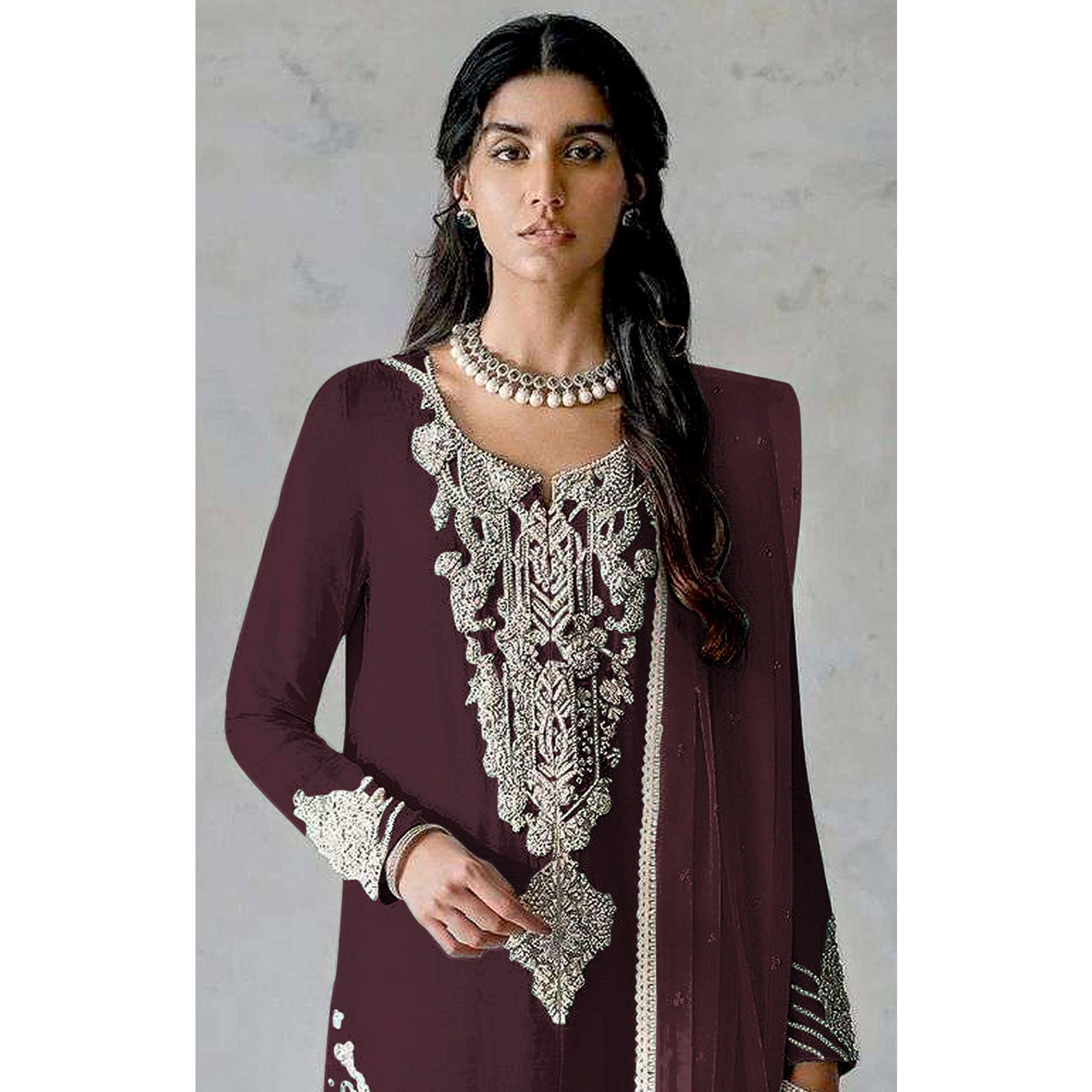 Wine Embroidered Georgette Pakistani Dress Material