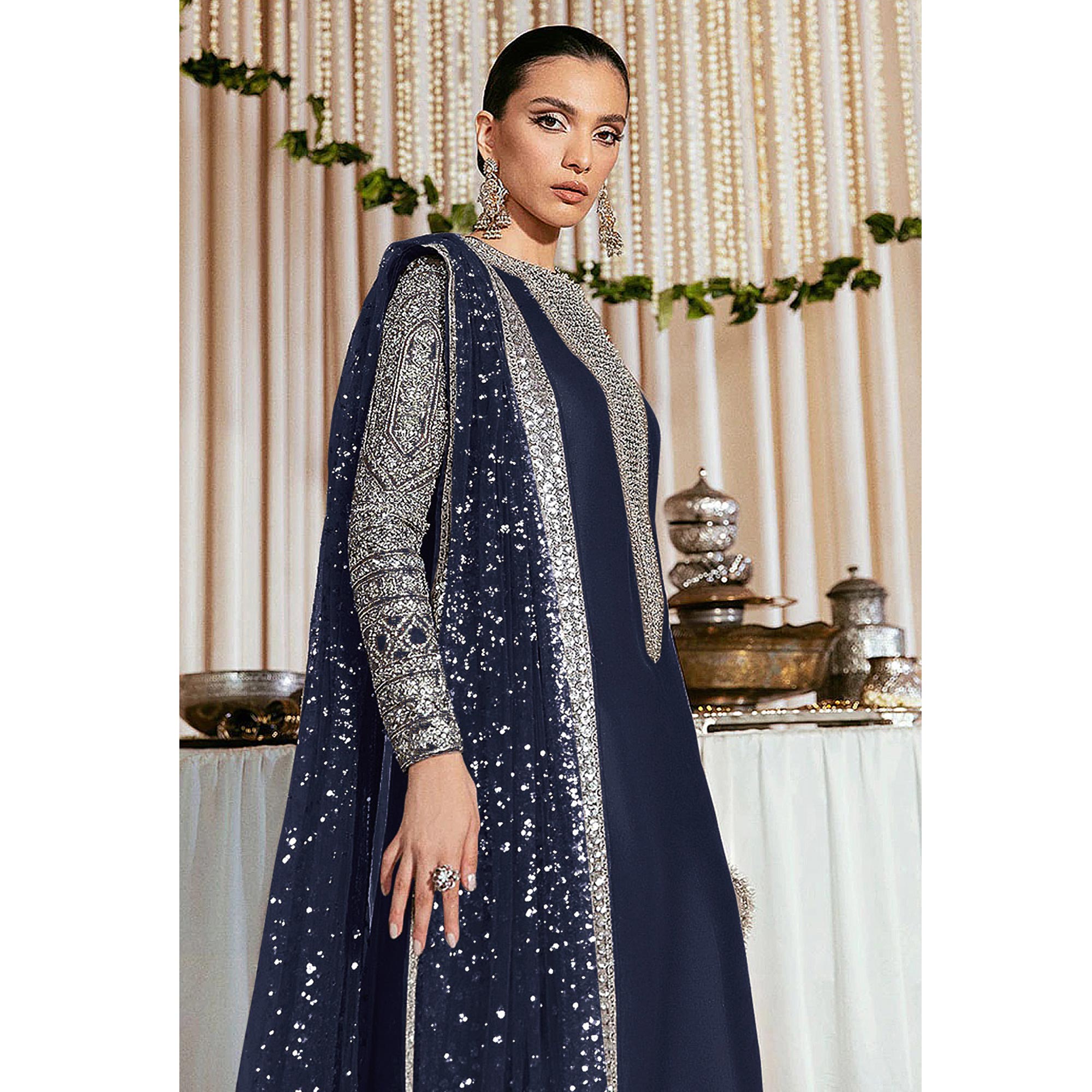 Blue Sequins Embroidered Georgette Pakistani Suit
