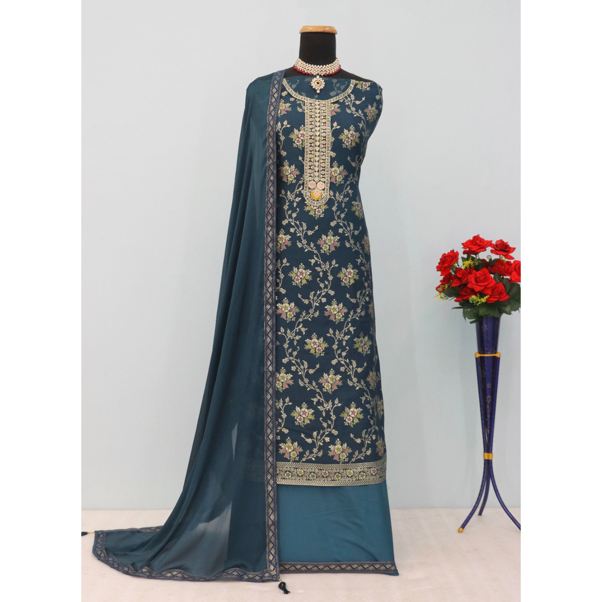 Dark Rama Blue Floral Woven With Embroidered Viscose Semi Stitched Suit