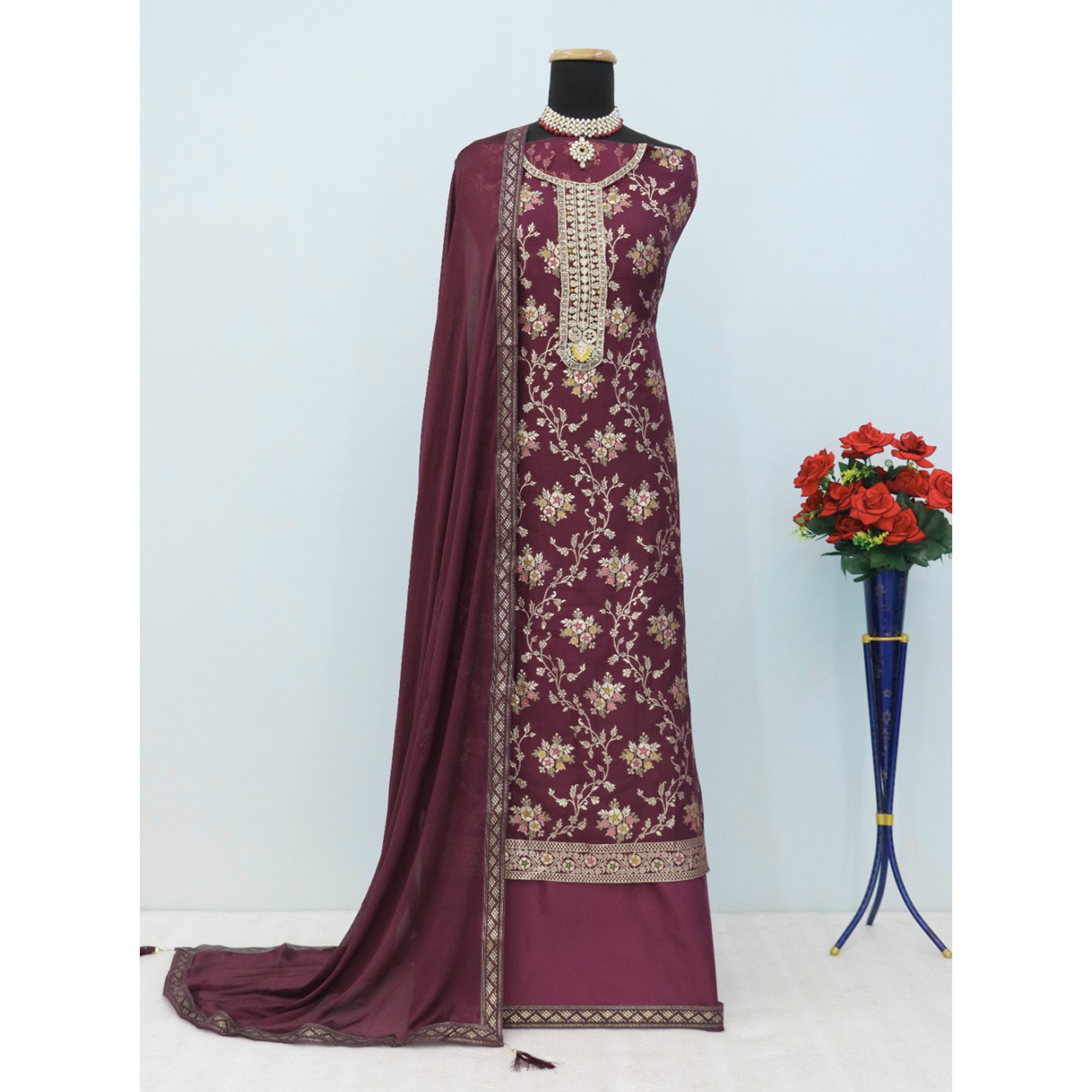 Wine Floral Woven With Embroidered Viscose Semi Stitched Suit