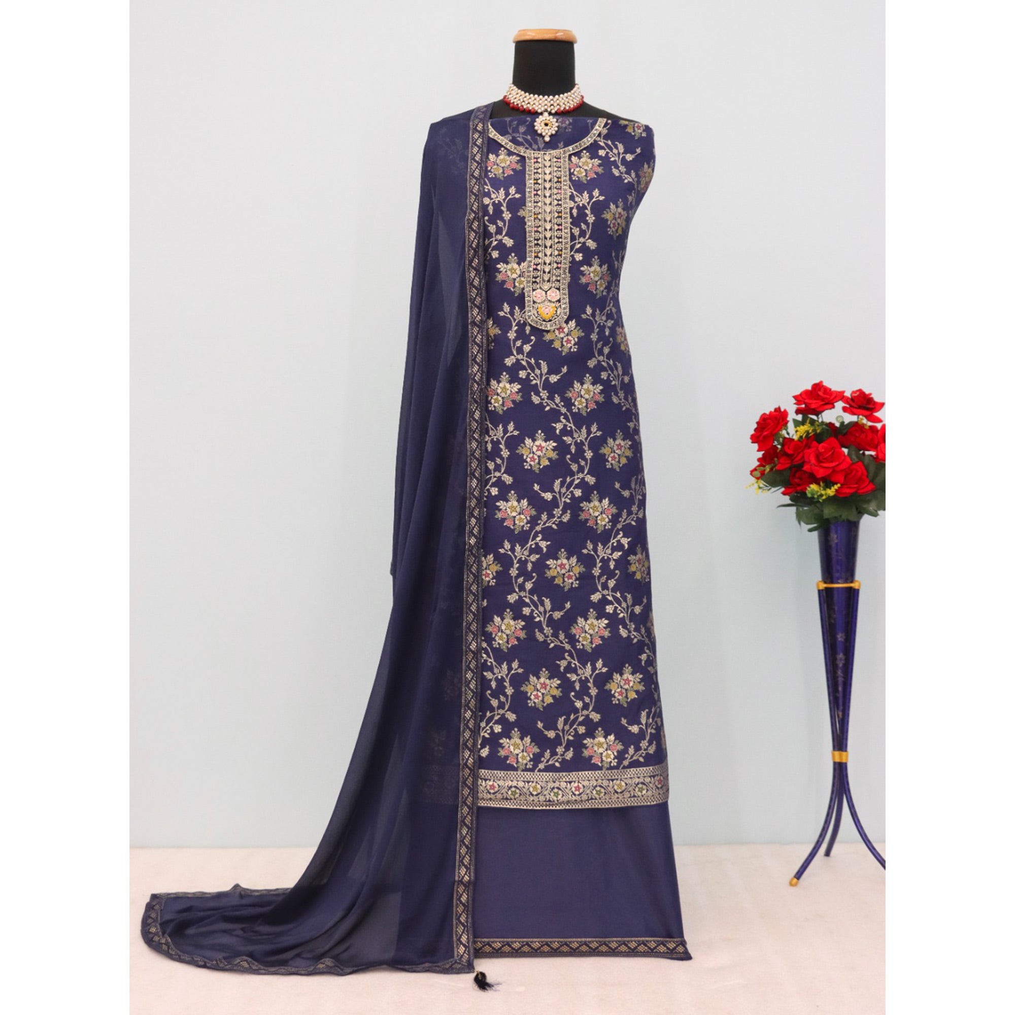 Blue Floral Woven With Embroidered Viscose Semi Stitched Suit