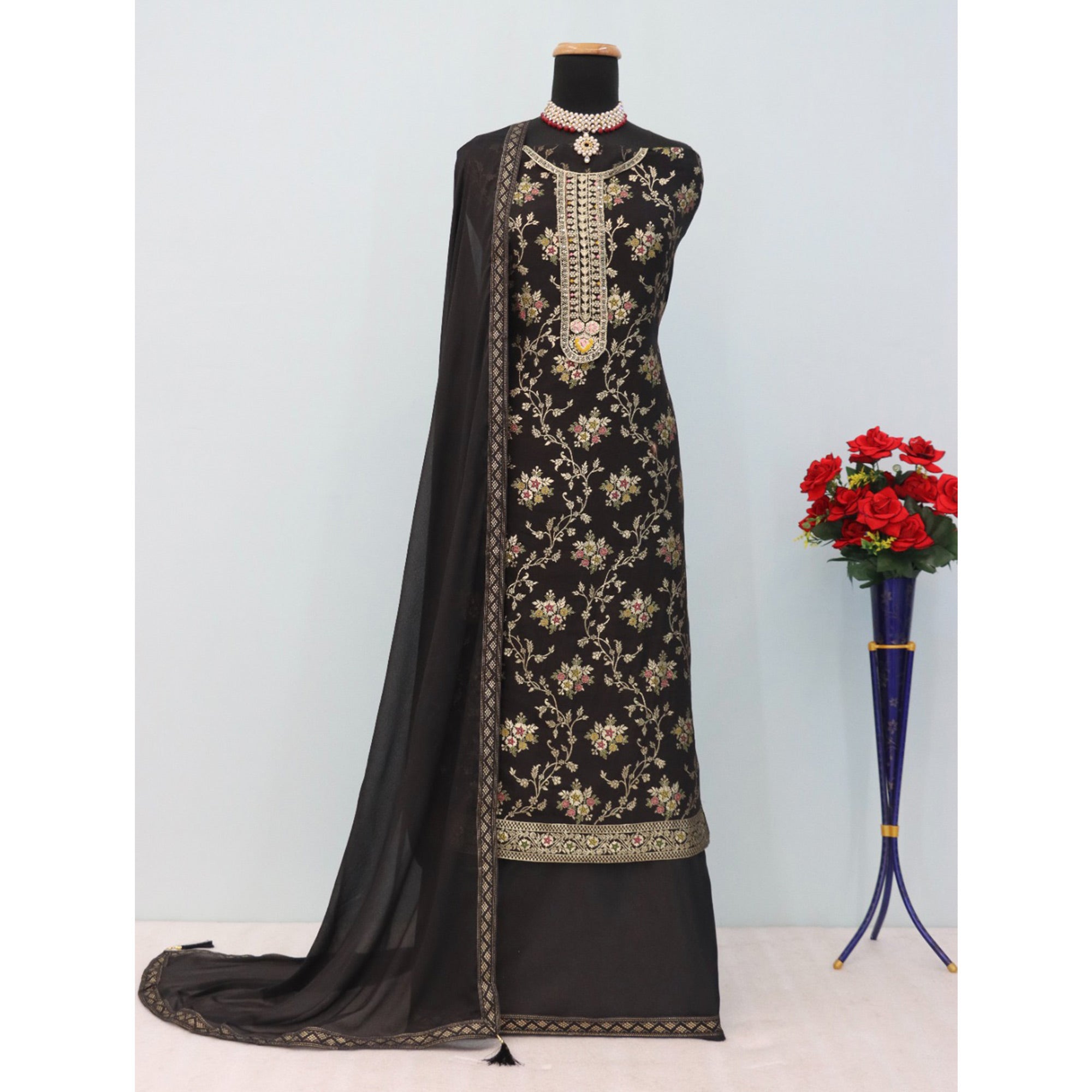 Black Floral Woven With Embroidered Viscose Semi Stitched Suit