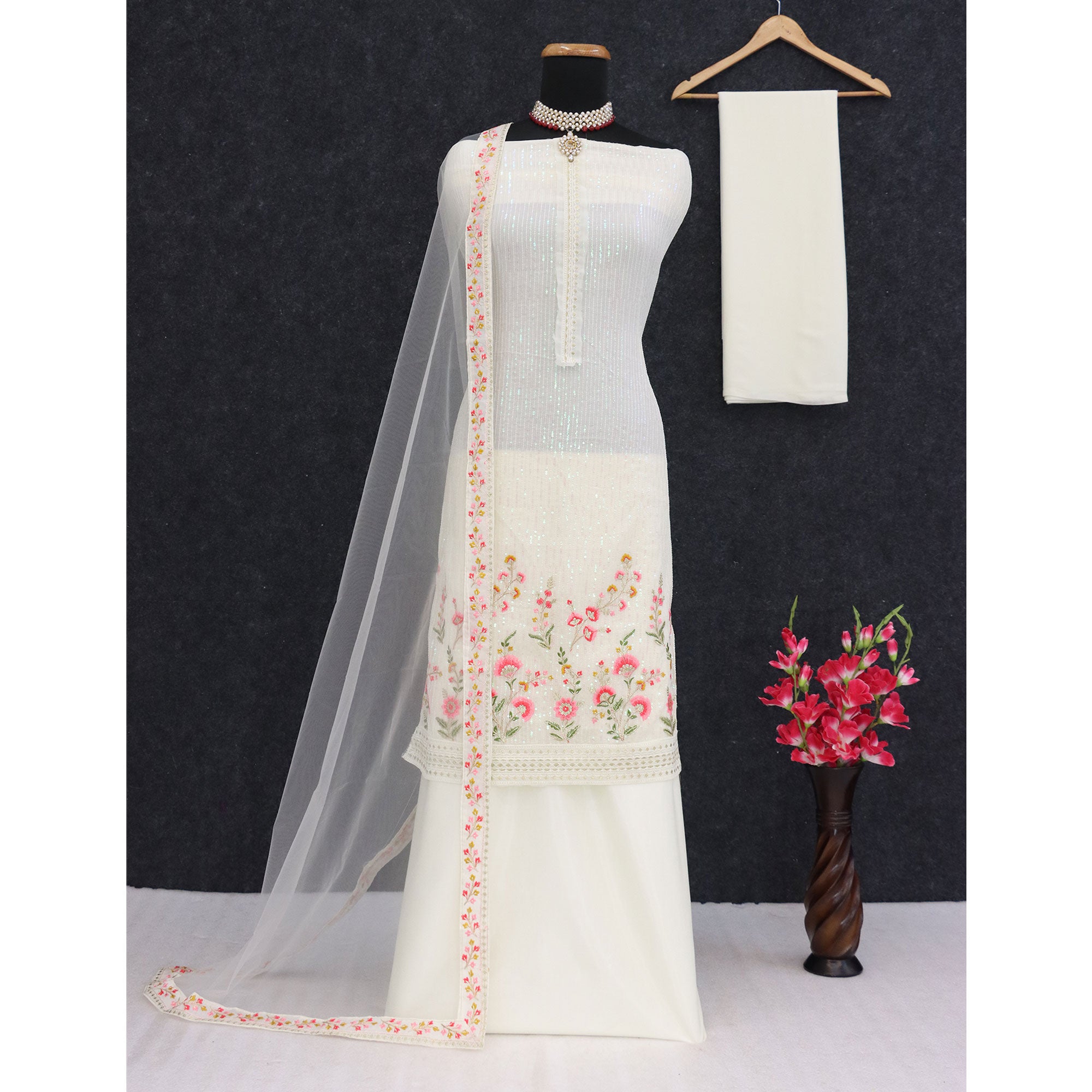 Cream Floral Sequins Embroidery Georgette Semi Stitched Pakistani Suit