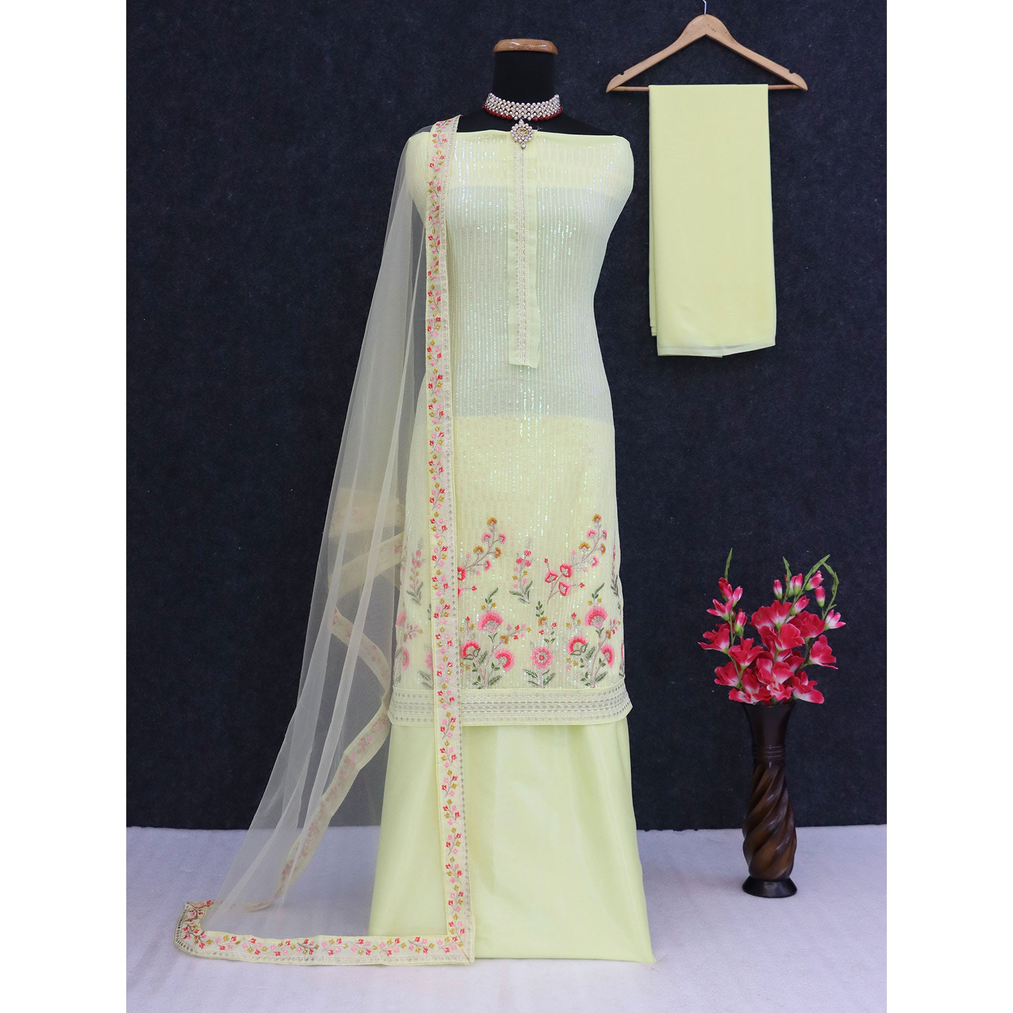 Light Yellow Floral Sequins Embroidery Georgette Semi Stitched Pakistani Suit