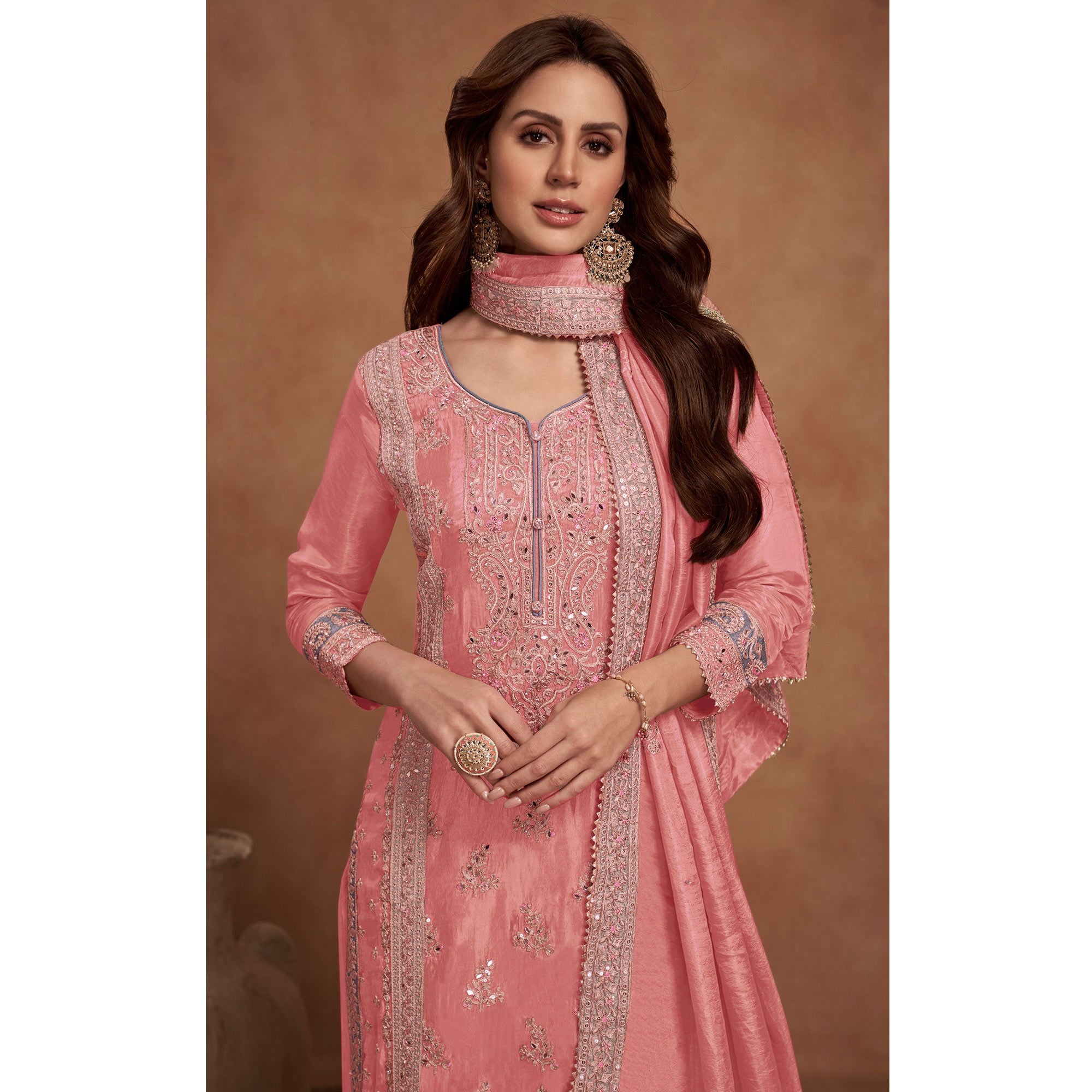 Peach Floral Sequins Embroidered Vichitra Silk Semi Stitched Palazzo Suit