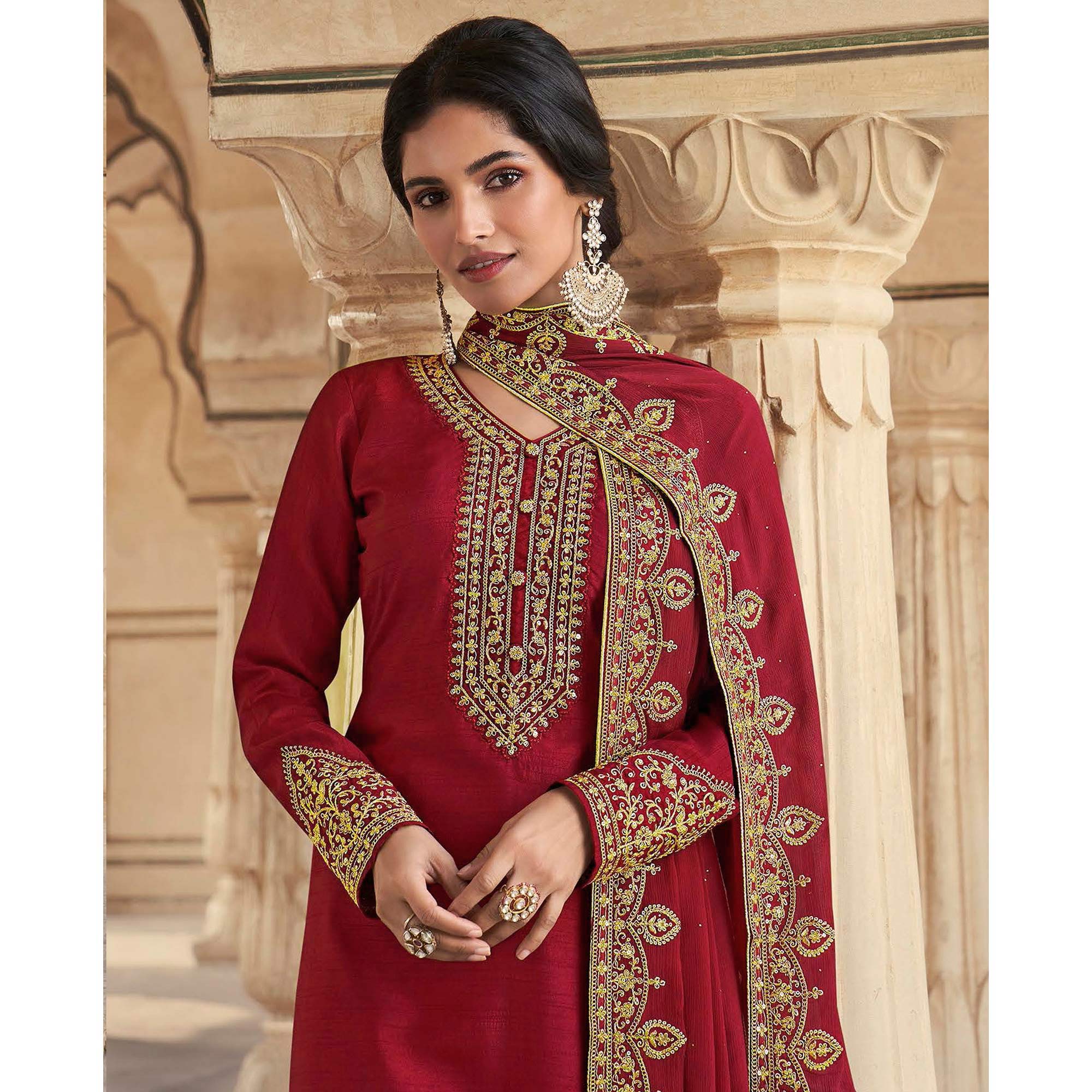 Maroon Floral Sequins Embroidered Dola Silk Palazzo Suit