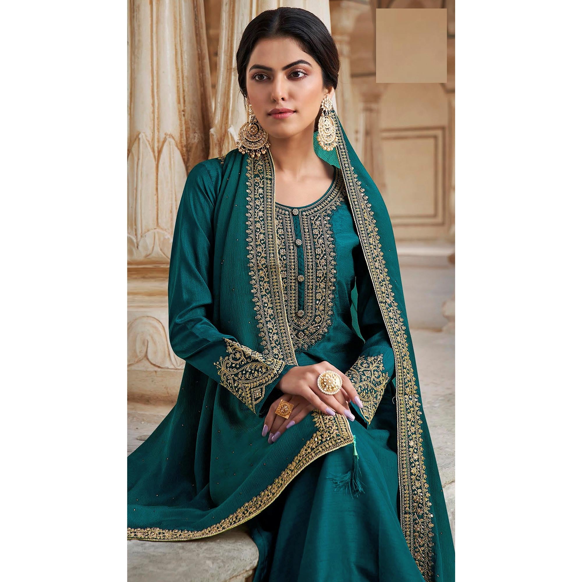 Aqua Blue Floral Sequins Embroidered Dola Silk Palazzo Suit