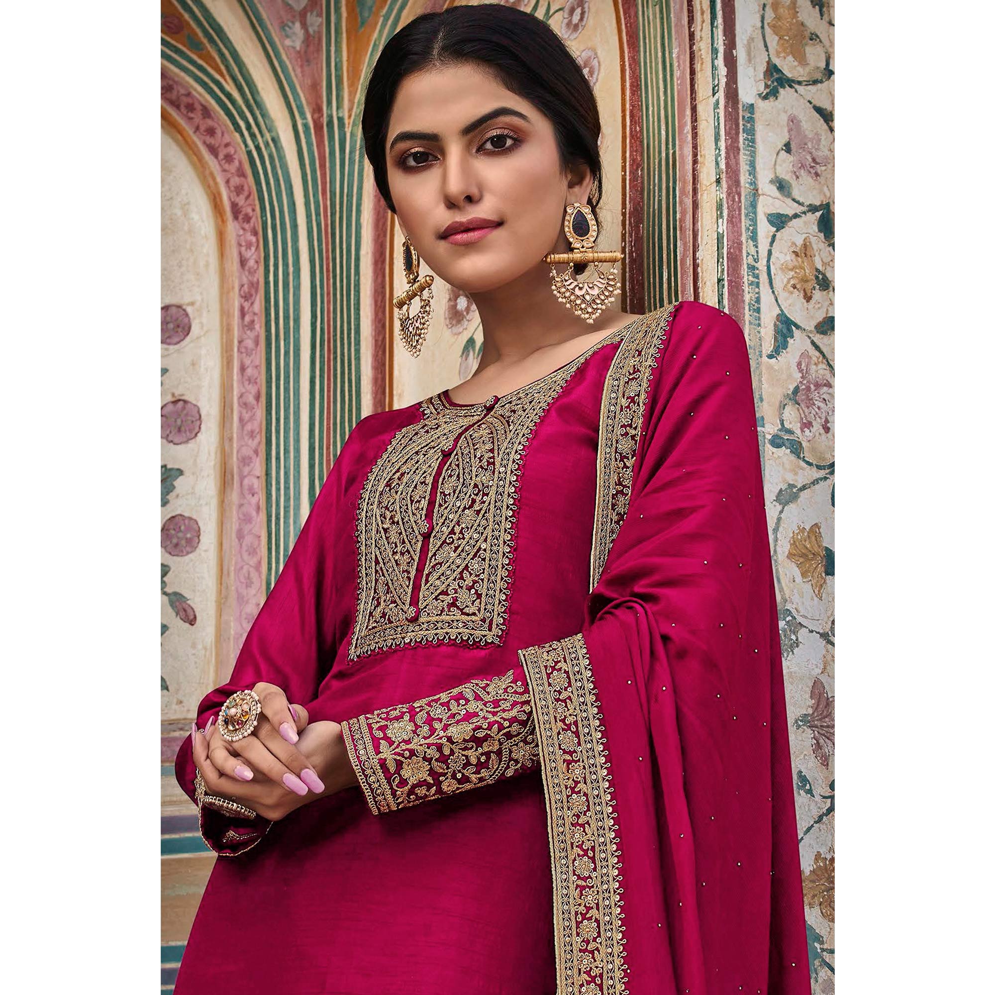Purple Floral Sequins Embroidered Dola Silk Palazzo Suit