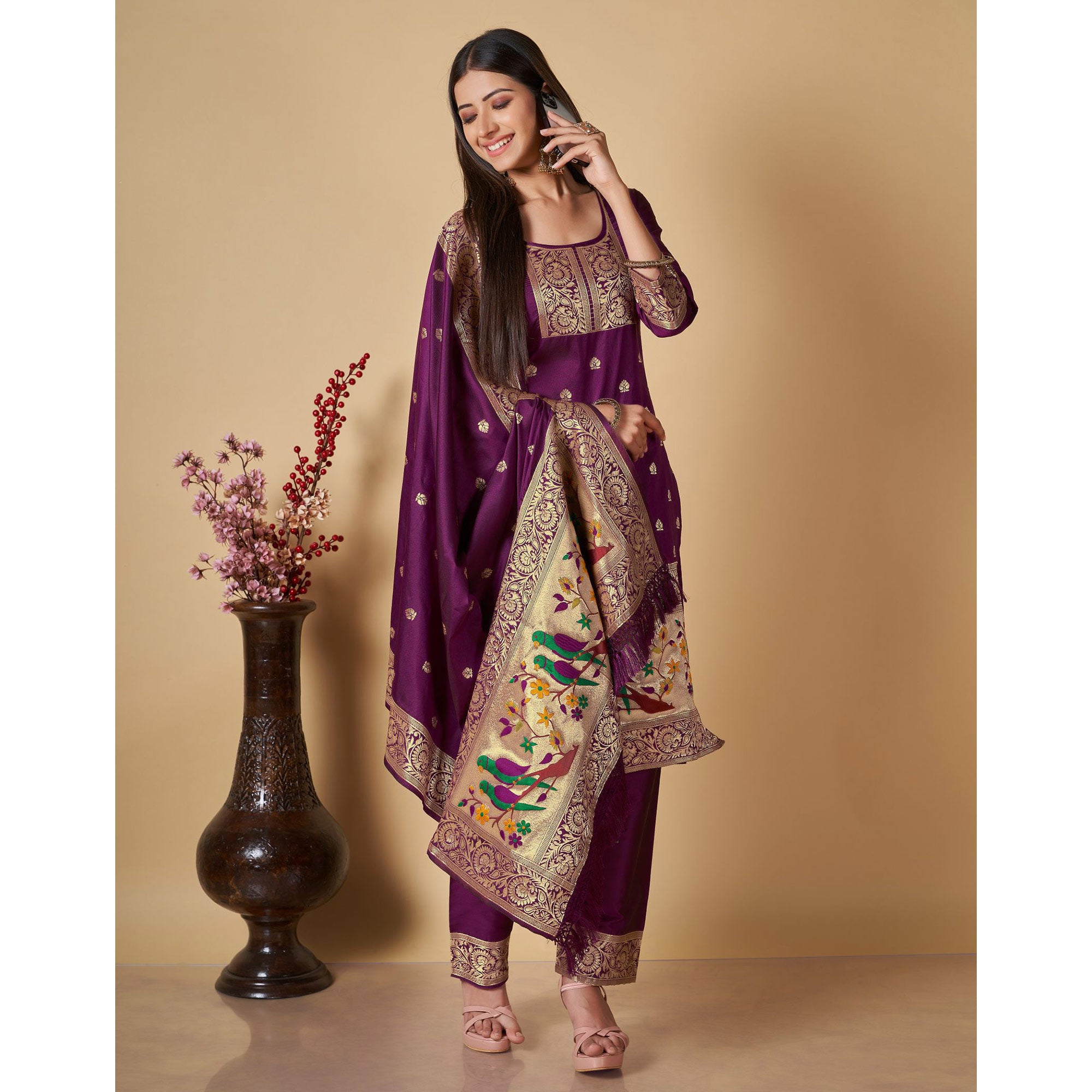 Purple Floral Woven Banarasi Silk Paithani Dress Material