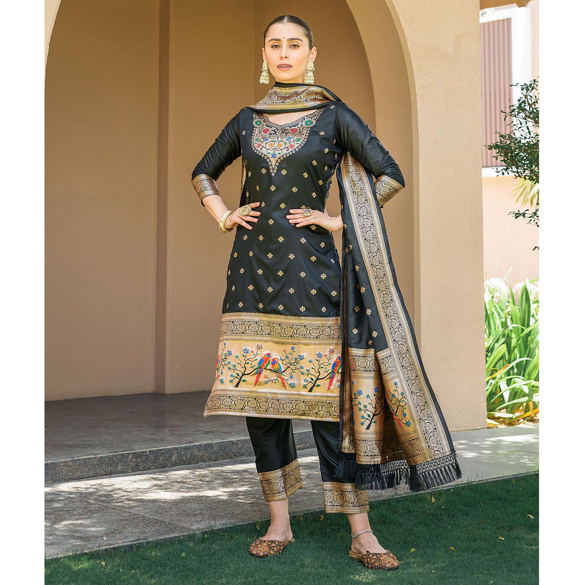 Black Floral Woven Banarasi Silk Paithani Dress Material
