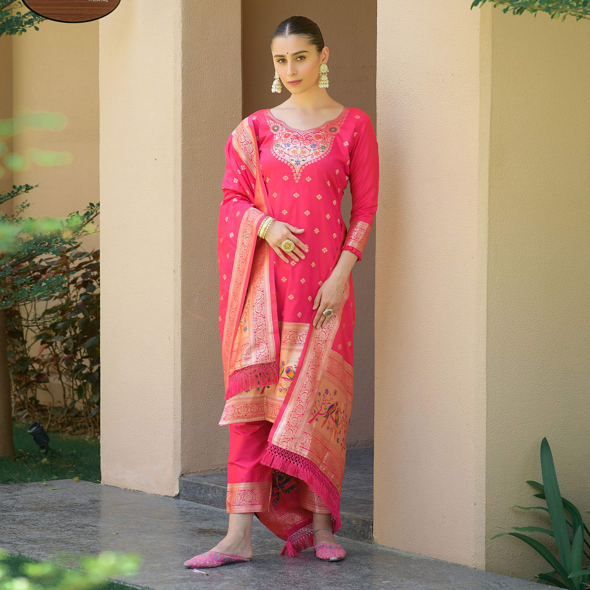 Pink Floral Woven Banarasi Silk Paithani Dress Material